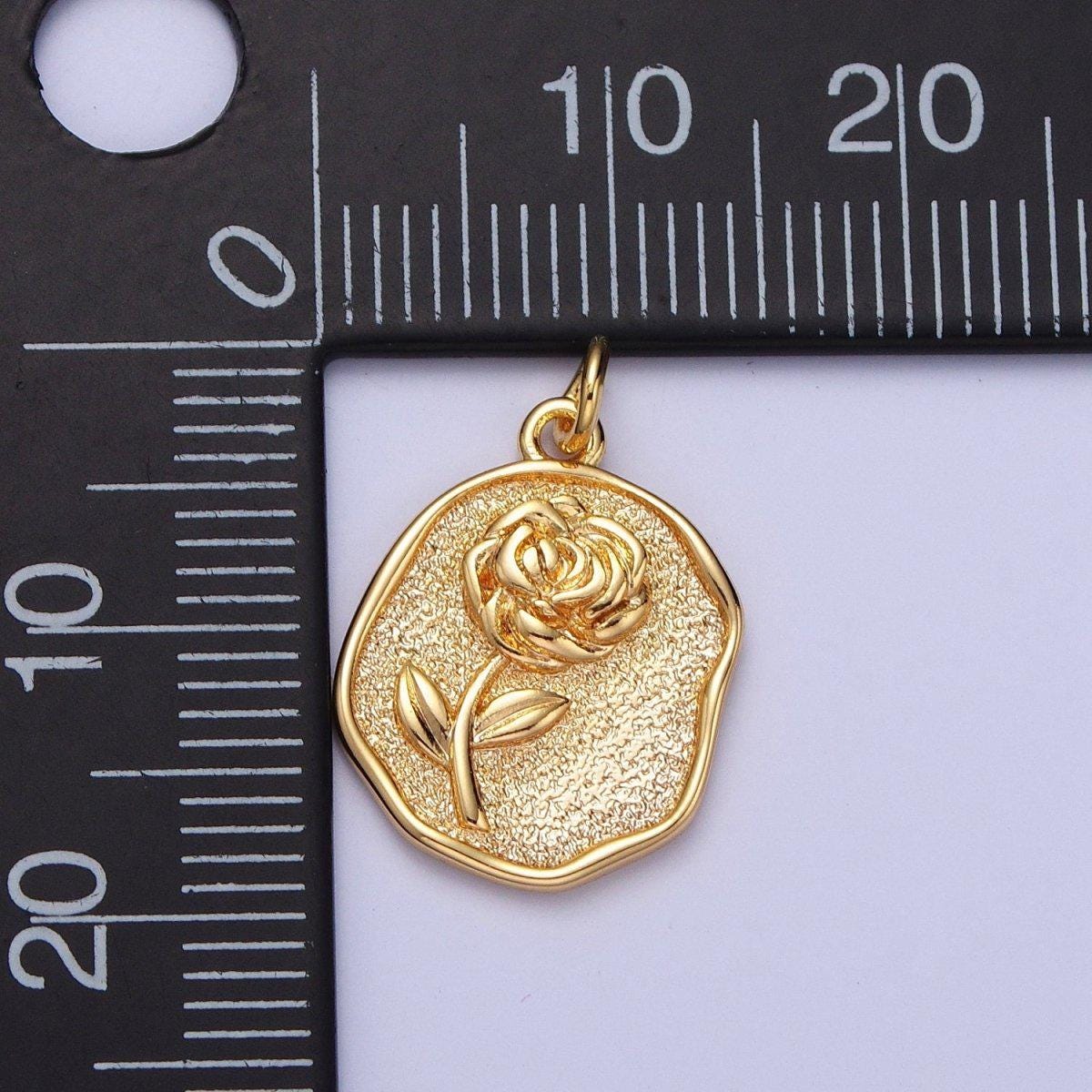 Coin Shaped Rose Flower Gold Filled Floral Charm | N-570