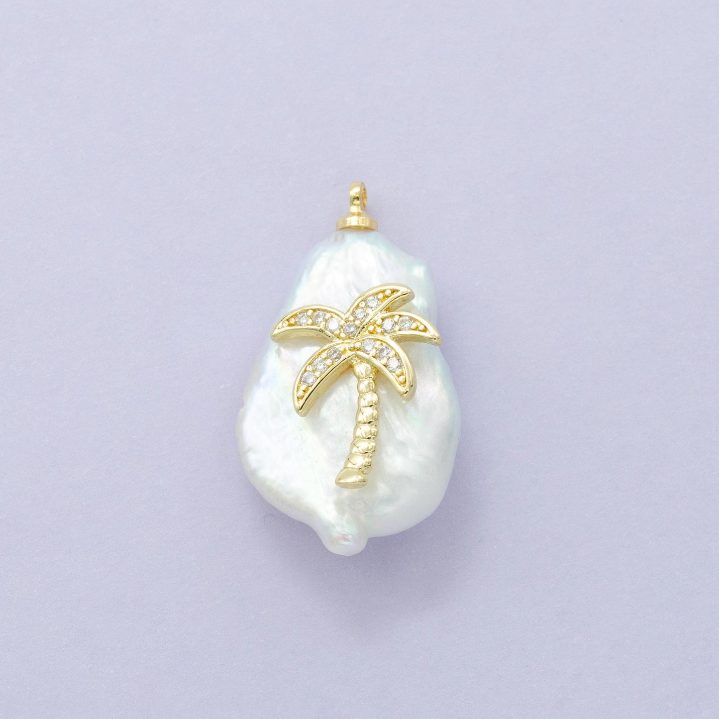 16k gold filled palm tree micro paved cz freshwater pearl charm for bracelet necklace component hawaii california beach inspired | ac1331