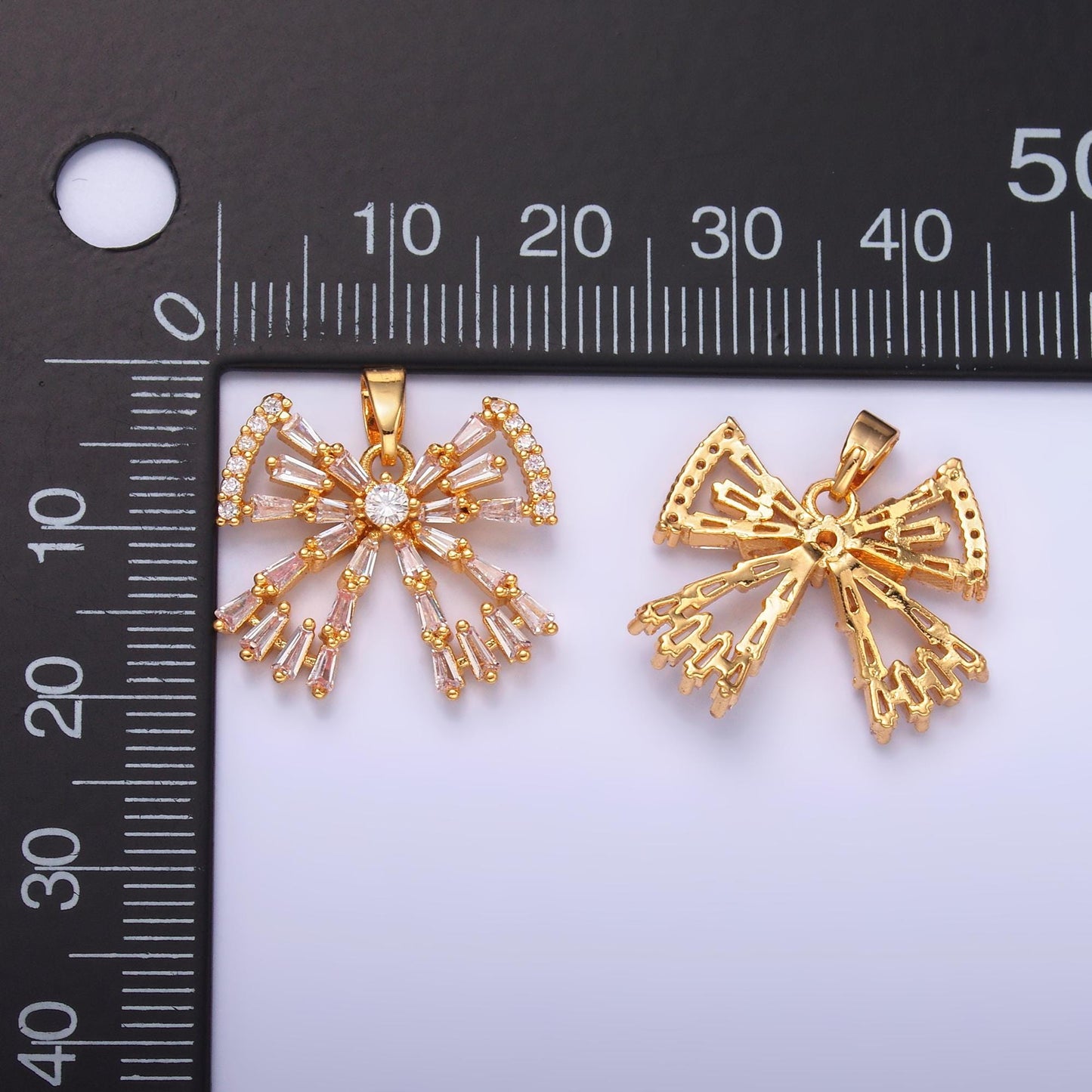 24k gold filled micro paved cz baguette ribbon Charm bow pendant in gold | AA1437