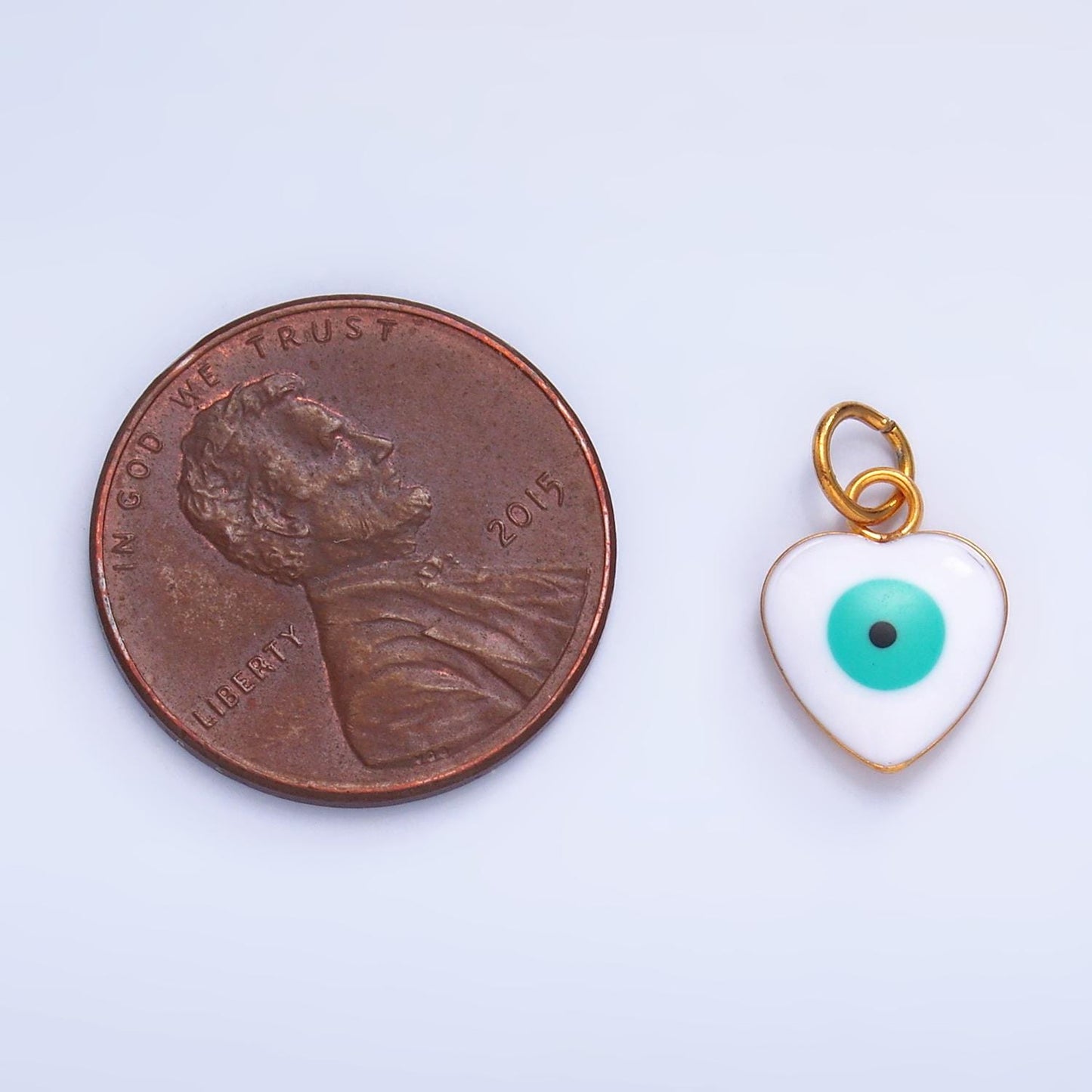 PVD Gold Plate Stainless Steel white, blue evil eye enamel 8mm Heart charm | P733