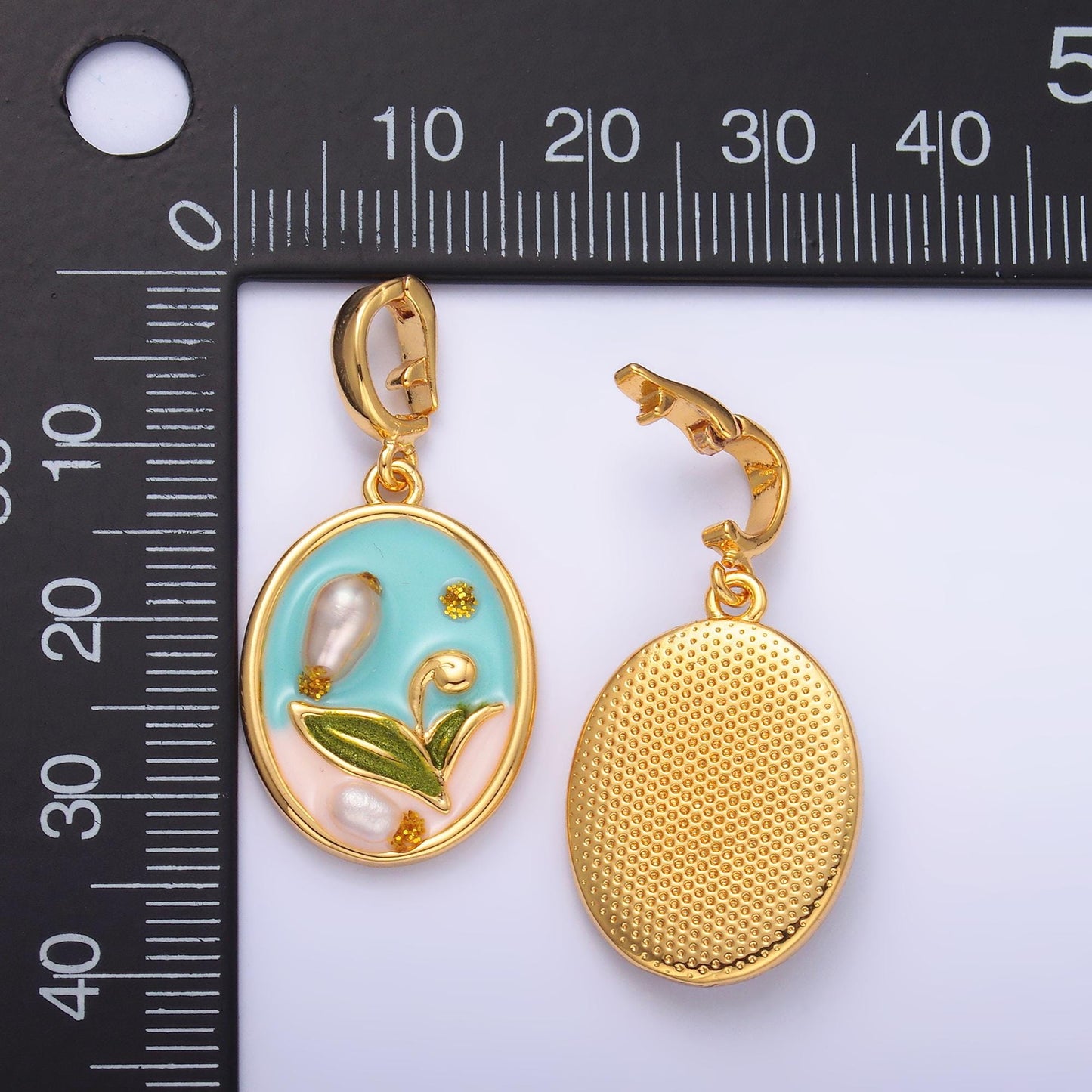 Pearl Tulip enamel pastel colors stamped flower 24k gold filled snap latch bail pendant | aa-1468