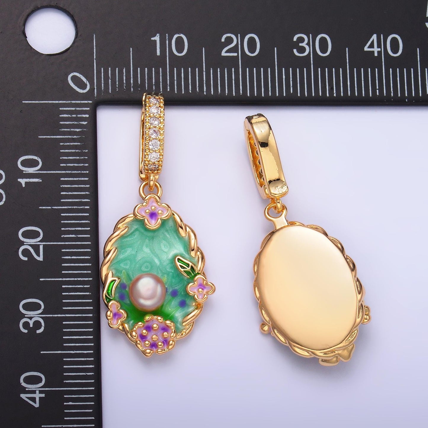 24K Gold Filled Green Enamel Flower Pearl Floral Bud Charm in Gold With Enhanced Clasp | AA1445