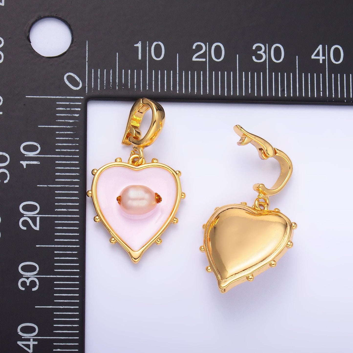 Heart Charm 18x16mm enamel with pearl beads 24k Gold Filled Charm for Bracelets and Necklaces with Enhancer Bail AA-1463