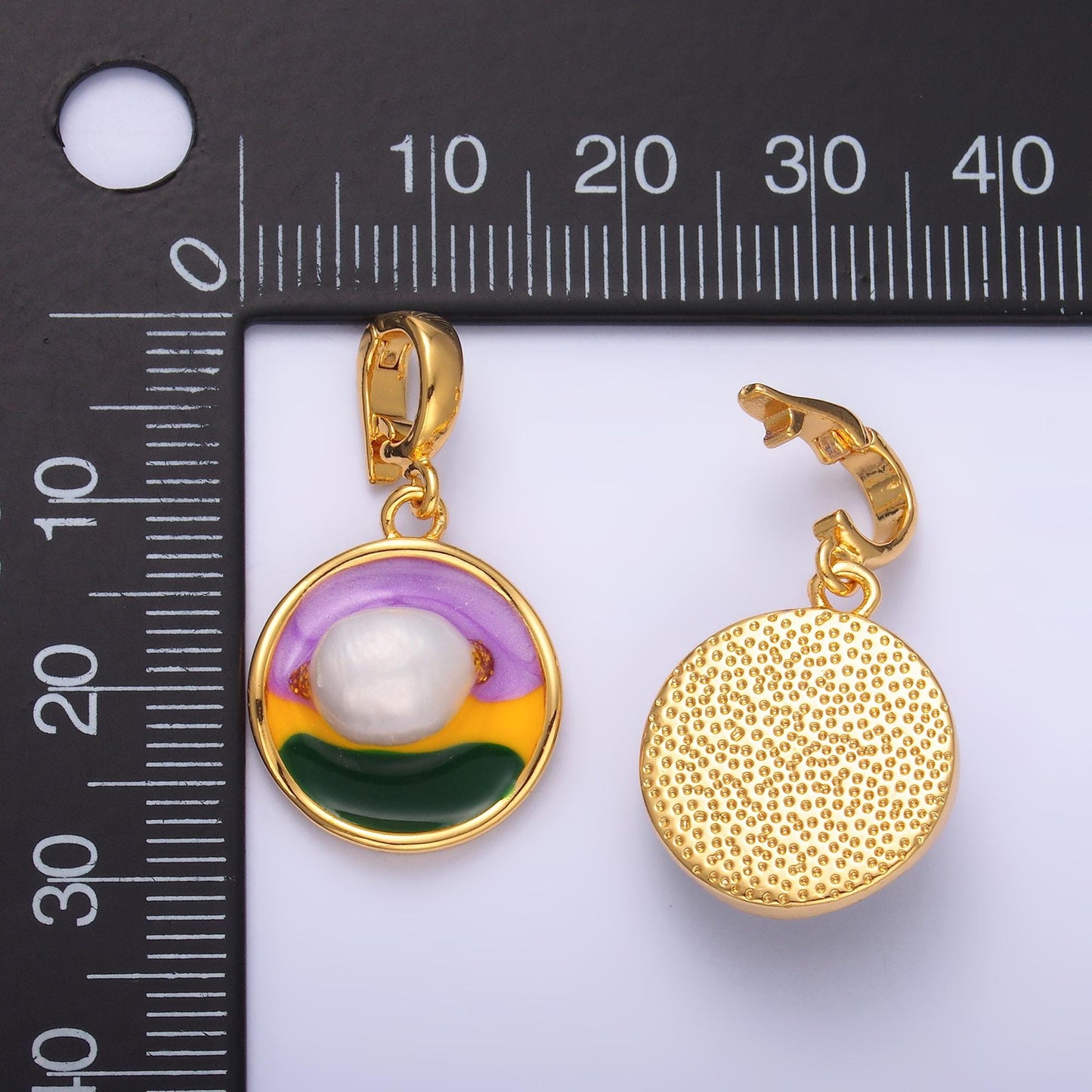 Colorful Artsy Coin Charm 19x16mm enamel with pearl beads 24k Gold Filled Charm for Bracelets and Necklaces with Enhancer Bail AA-1469