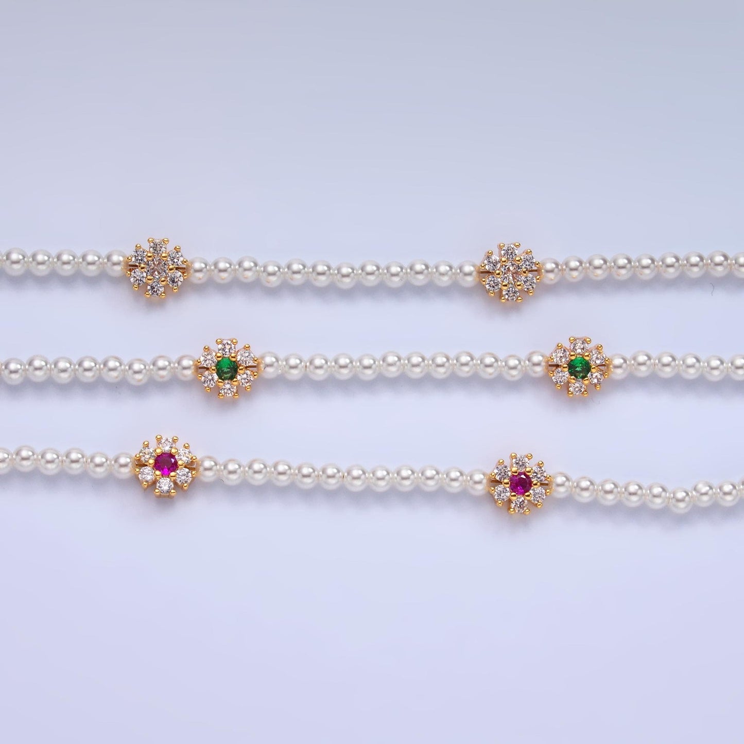 Handcrafted White Shell Pearl Necklace with CZ Flower 16.7 inch + 2 inch extender for Layering minimalist Jewelry Making Supply WA3070