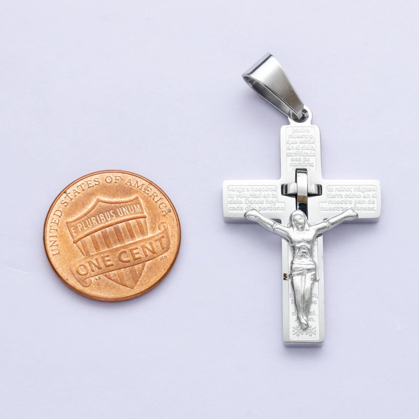 PVD Gold Stainless Steel Crucifix Pendant Lord Prayer in Spanish Jesus on Cross Necklace Religious Jewelry for Men Catholic Christian P1071