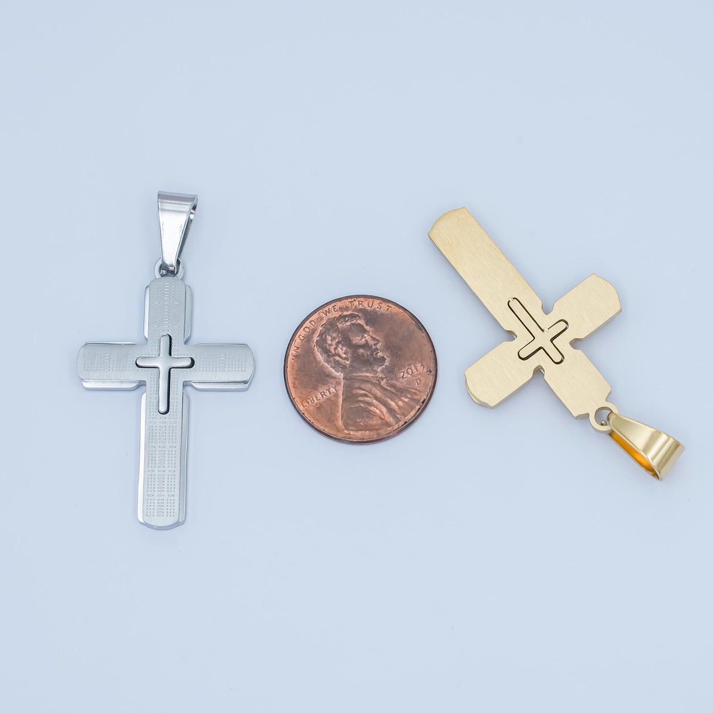Stainless Steel Cross Pendant – Gold & Silver Options, Textured Layered Design, Christian Necklace for Men, Religious Faith Jewelry Supply