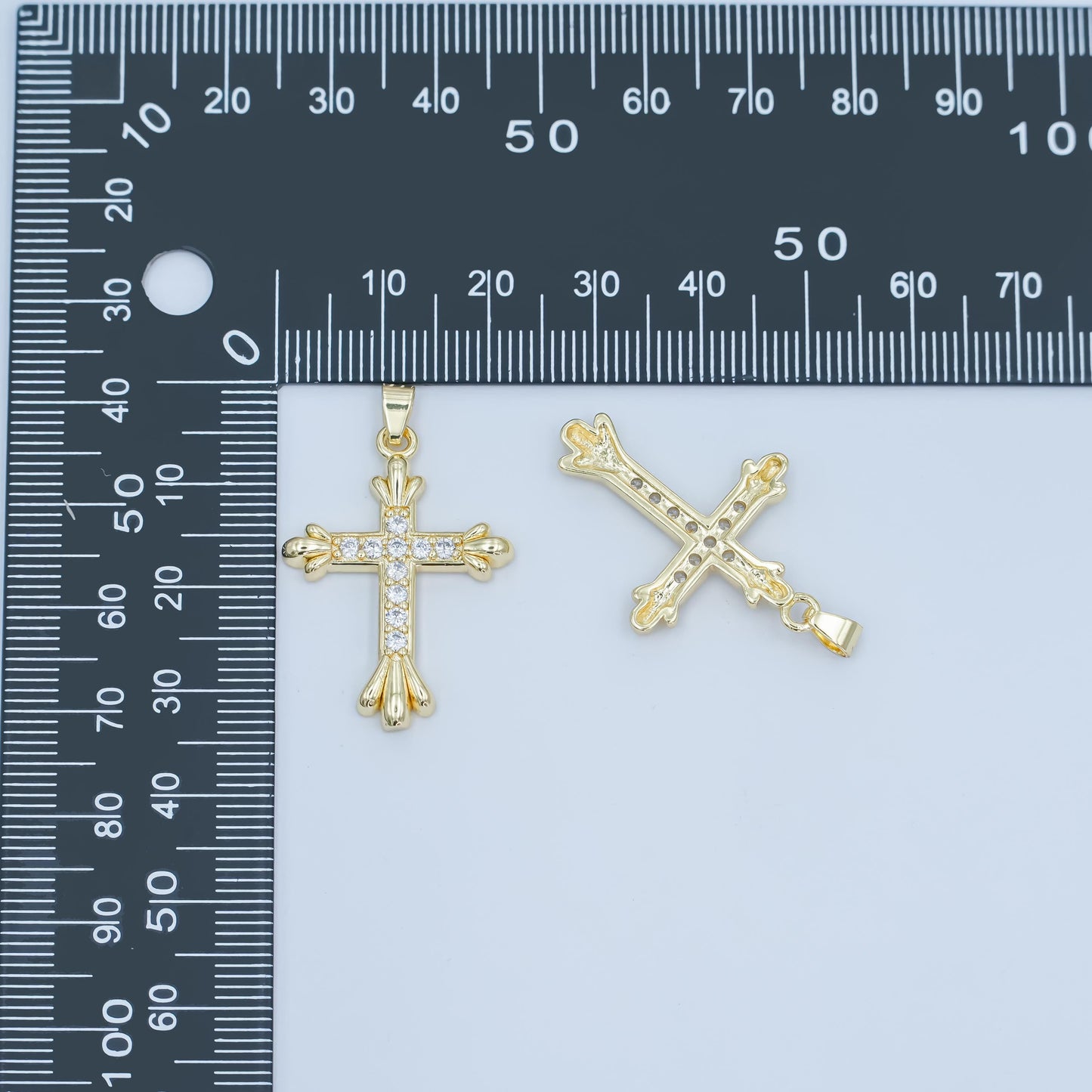 24K Gold Filled CZ Cross Pendant – Fleur-De-Lis Christian Charm with Sparkling Cubic Zirconia, Religious Statement Jewelry AA-1504