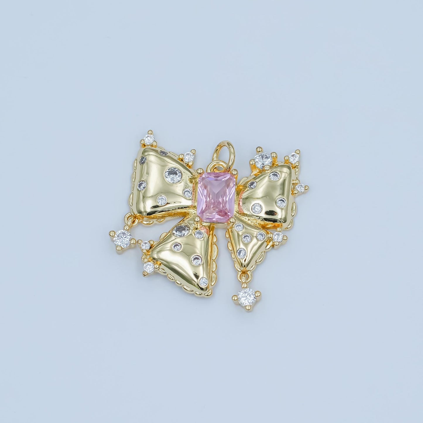 Big Pink 24k gold filled bow charms cz charm pink micro pave bow mini bow pendant cubic zirconia charm for bracelet necklace M-315