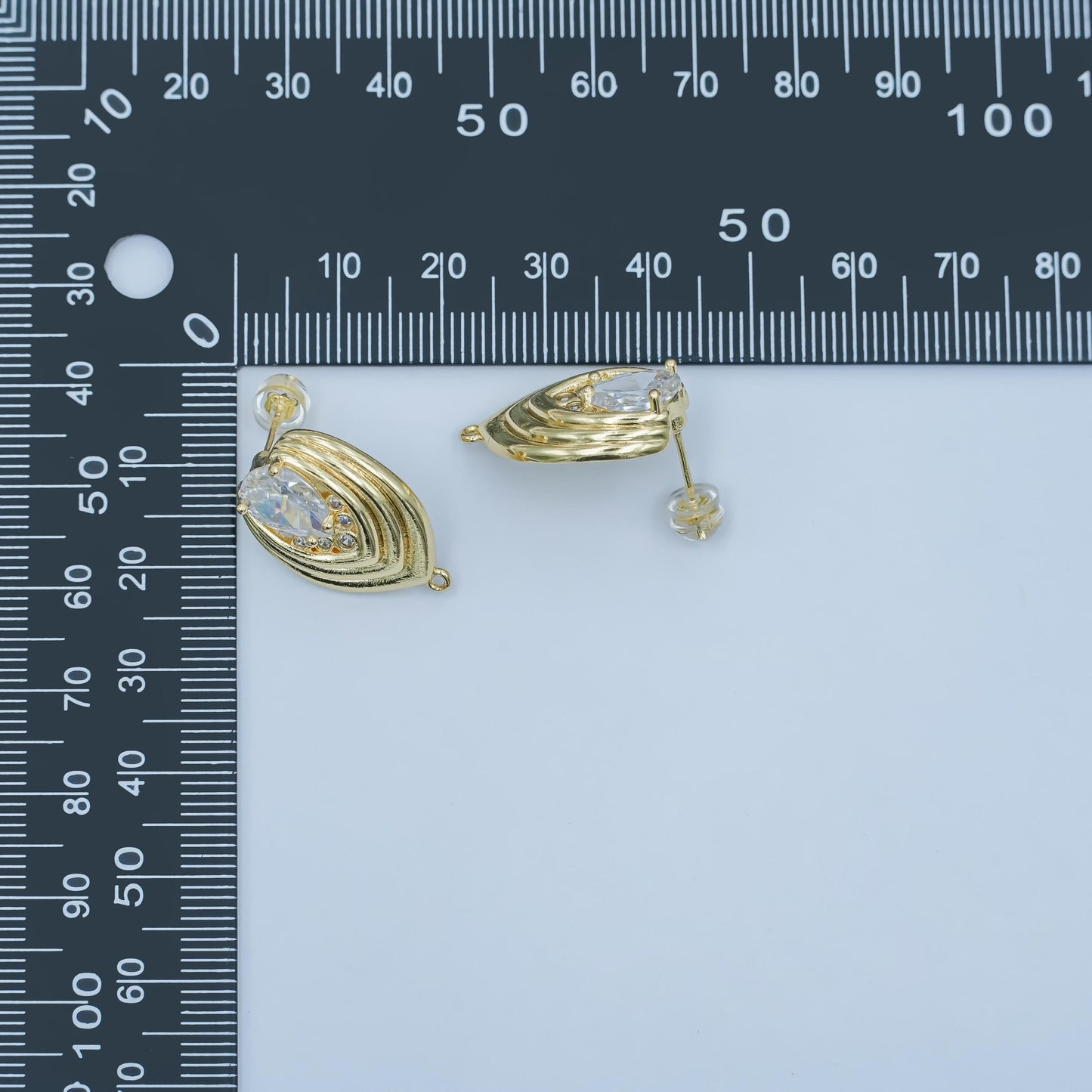 24K Gold Filled Abstract Layer Oval Earring Posts with Clear Cz Stone Molten Eye Studs for DIY Jewelry Making Z-1148