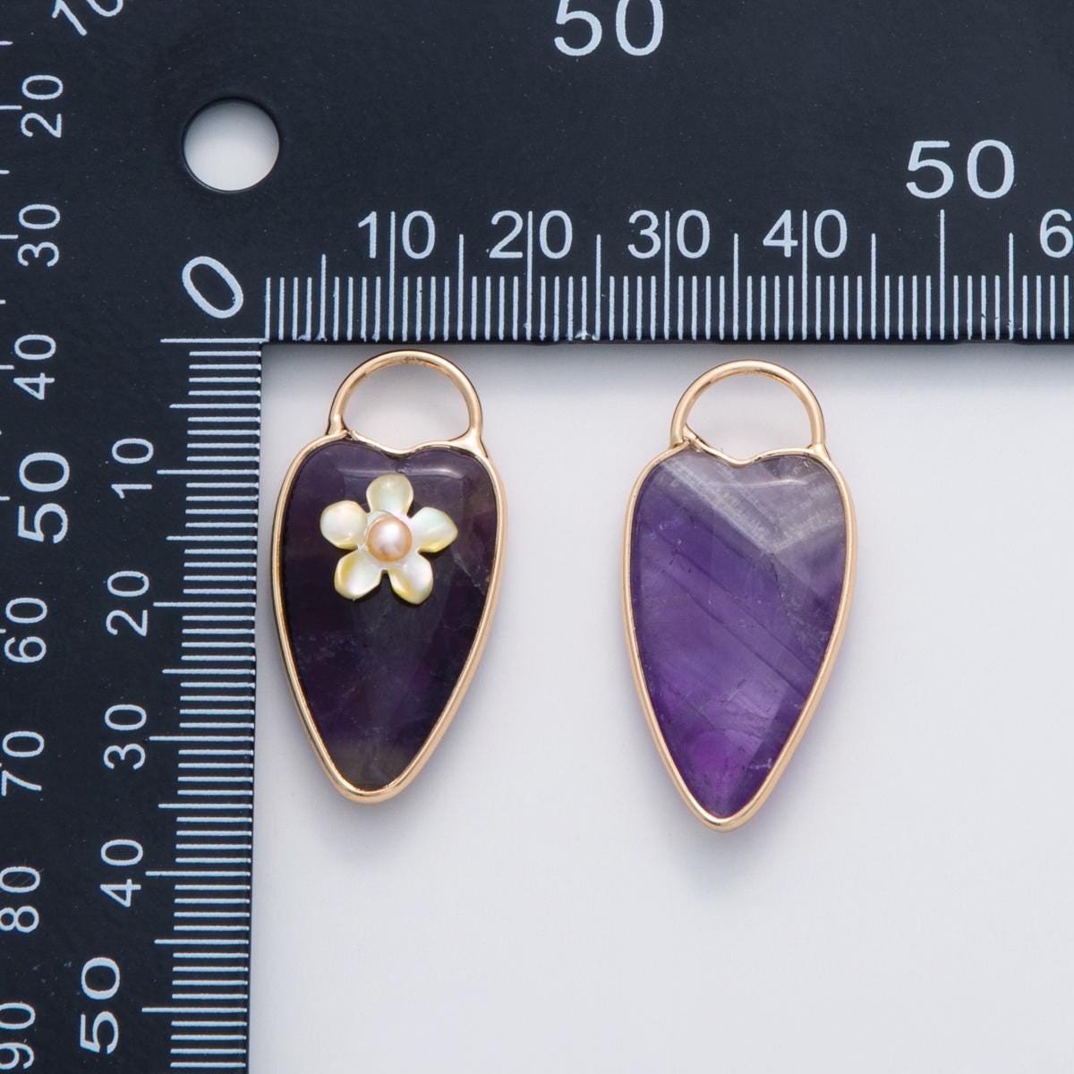 18K Gold Filled 35mm Pearl Flower Purple Amethyst Heart Padlock Charm | D854