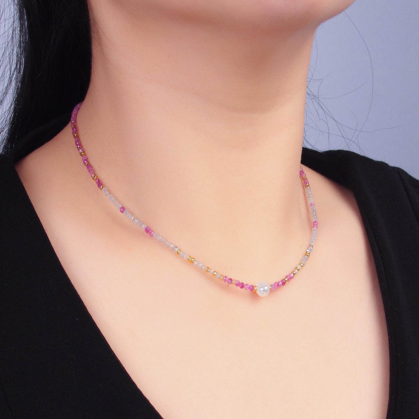 Handmade Colorful Stainless Steel Shell Pearl Pink-Grey Natural Gemstone 15 Inch Choker Necklace | WA-3101