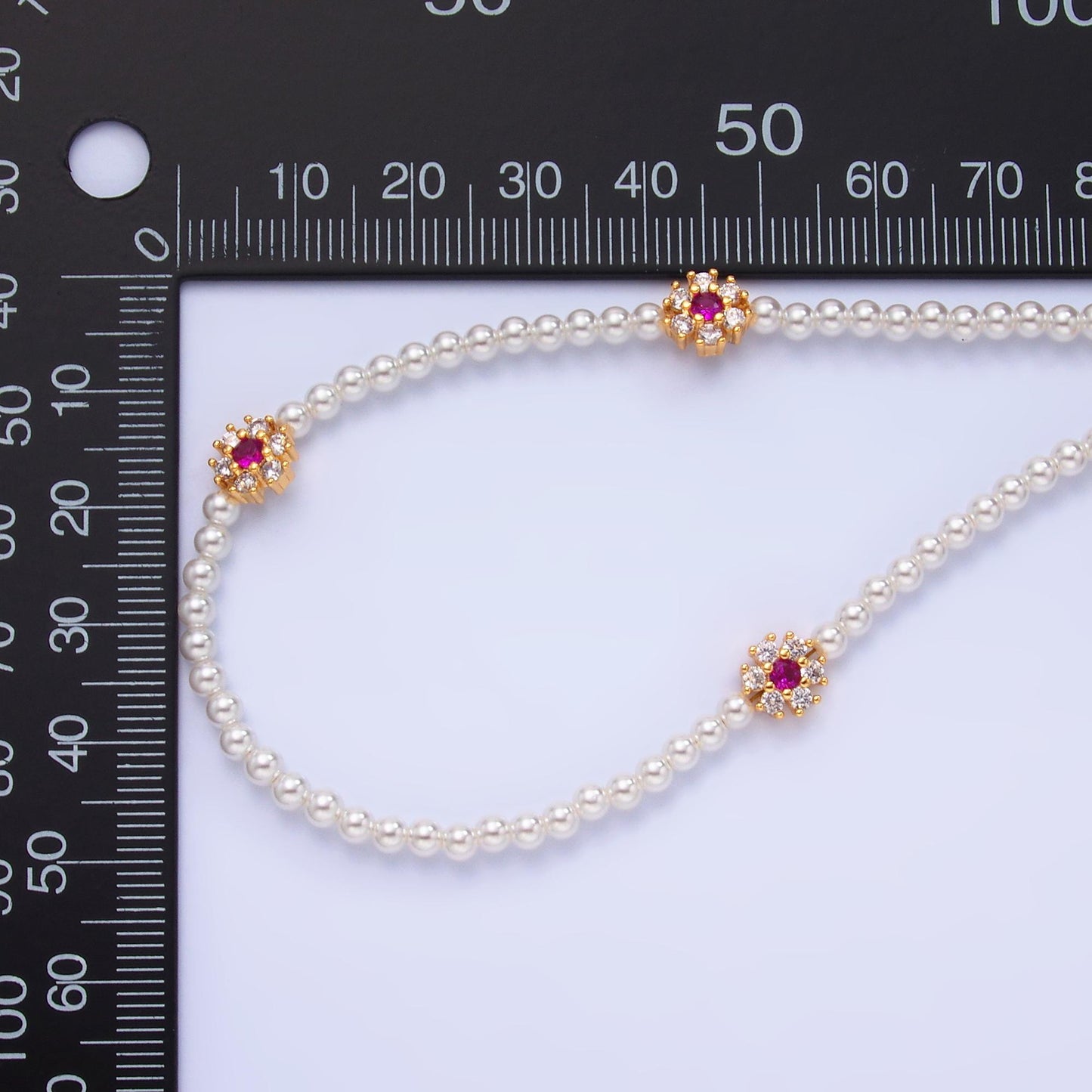 24K Gold Filled Fuchsia, Clear, Green CZ Flower Shell Pearl 17 Inch Necklace 2 A | WA-3071