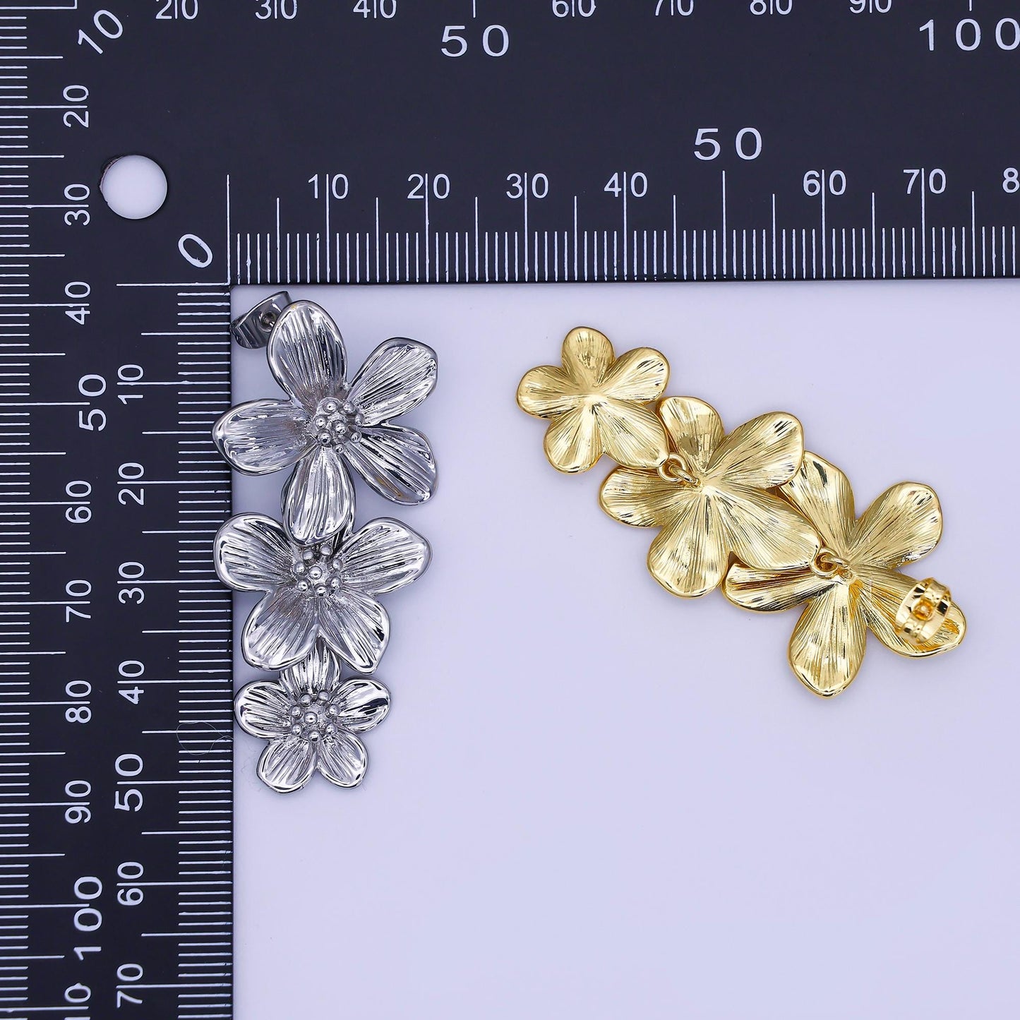24K Gold Filled Triple Lined Flower Drop Stud Earrings in Gold & Silver | AE368 T175