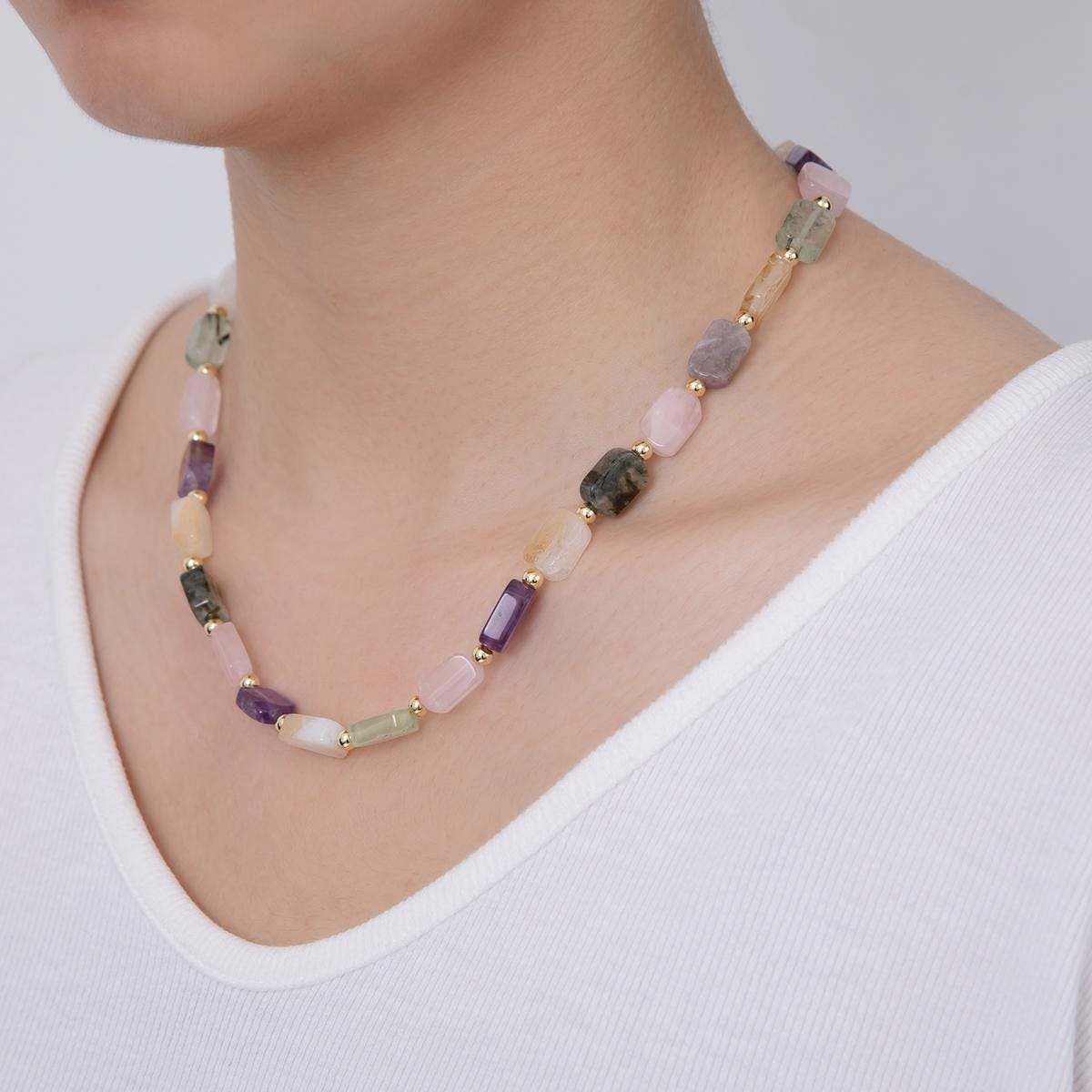 Chunky 4mm Mix Natural Gemstone Bead 17 Inch Handmade 18K Gold Filled Beaded Necklace | WA-3176