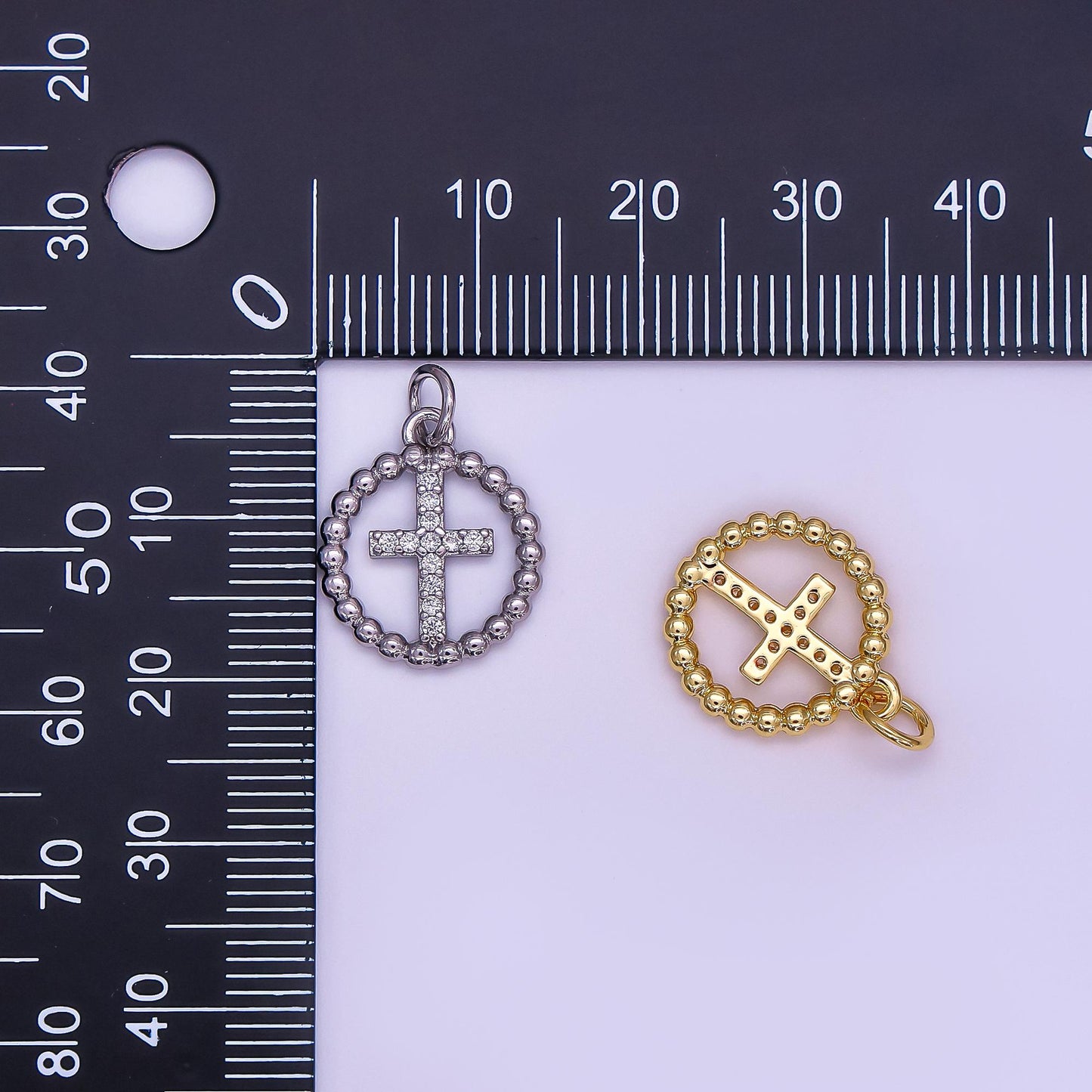 24K Gold Filled Religious Cross Micro Paved CZ Open Dotted Round Charm in Gold & Silver | AF433
