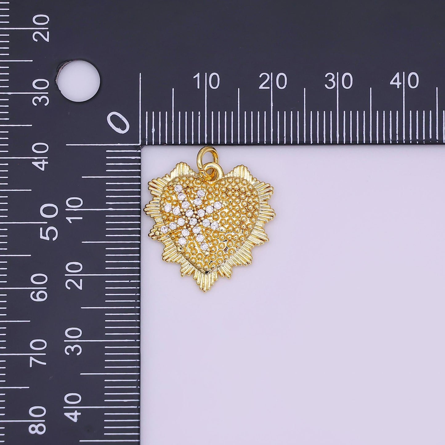 24K Gold Filled 20mm Star Micro Paved CZ Dotted Sunburst Heart Charm | AF459