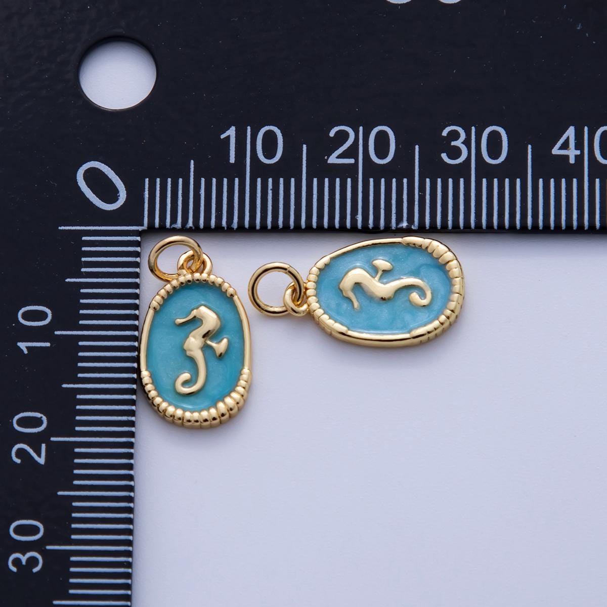 18K Gold Filled Sea Horse Blue Enamel Oblong Charm | AF309