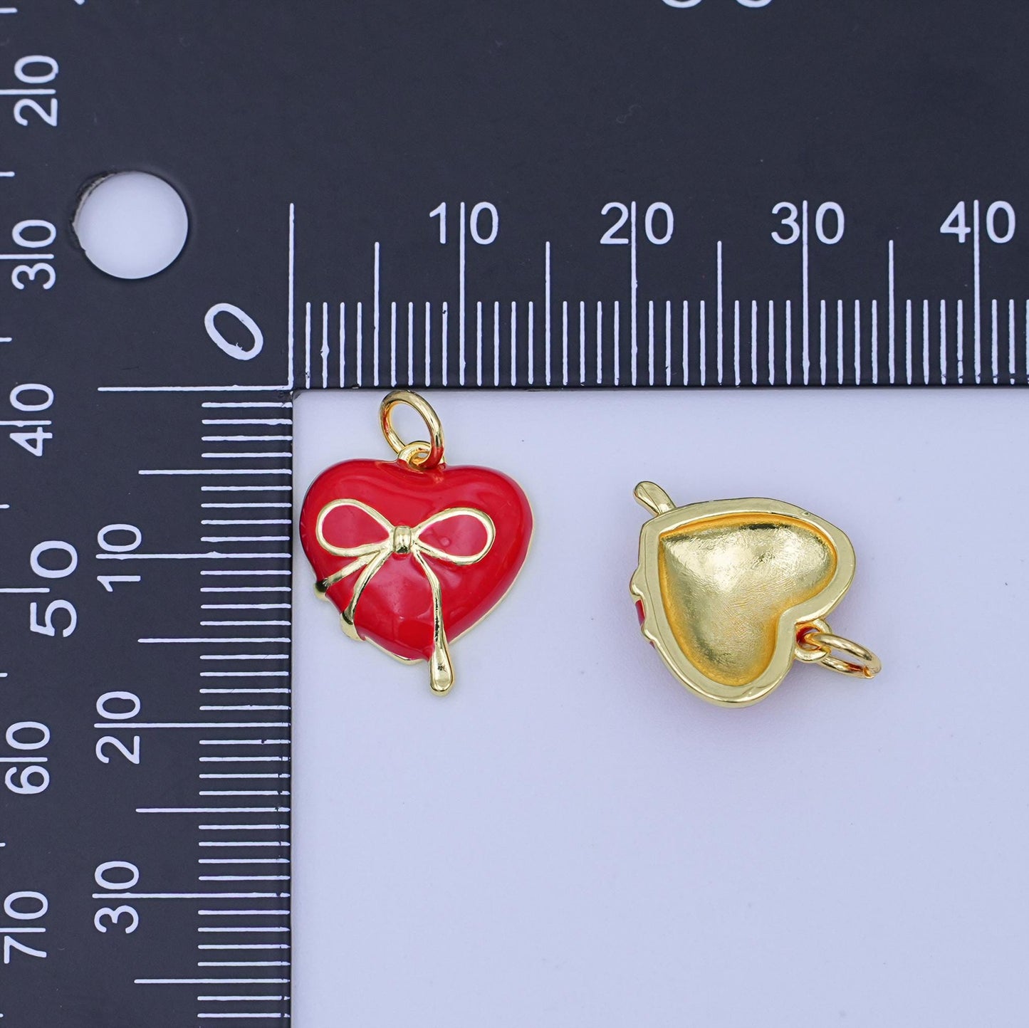 24K Gold Filled 15mm Ribbon Bow Heart Red Enamel Pendant | W523