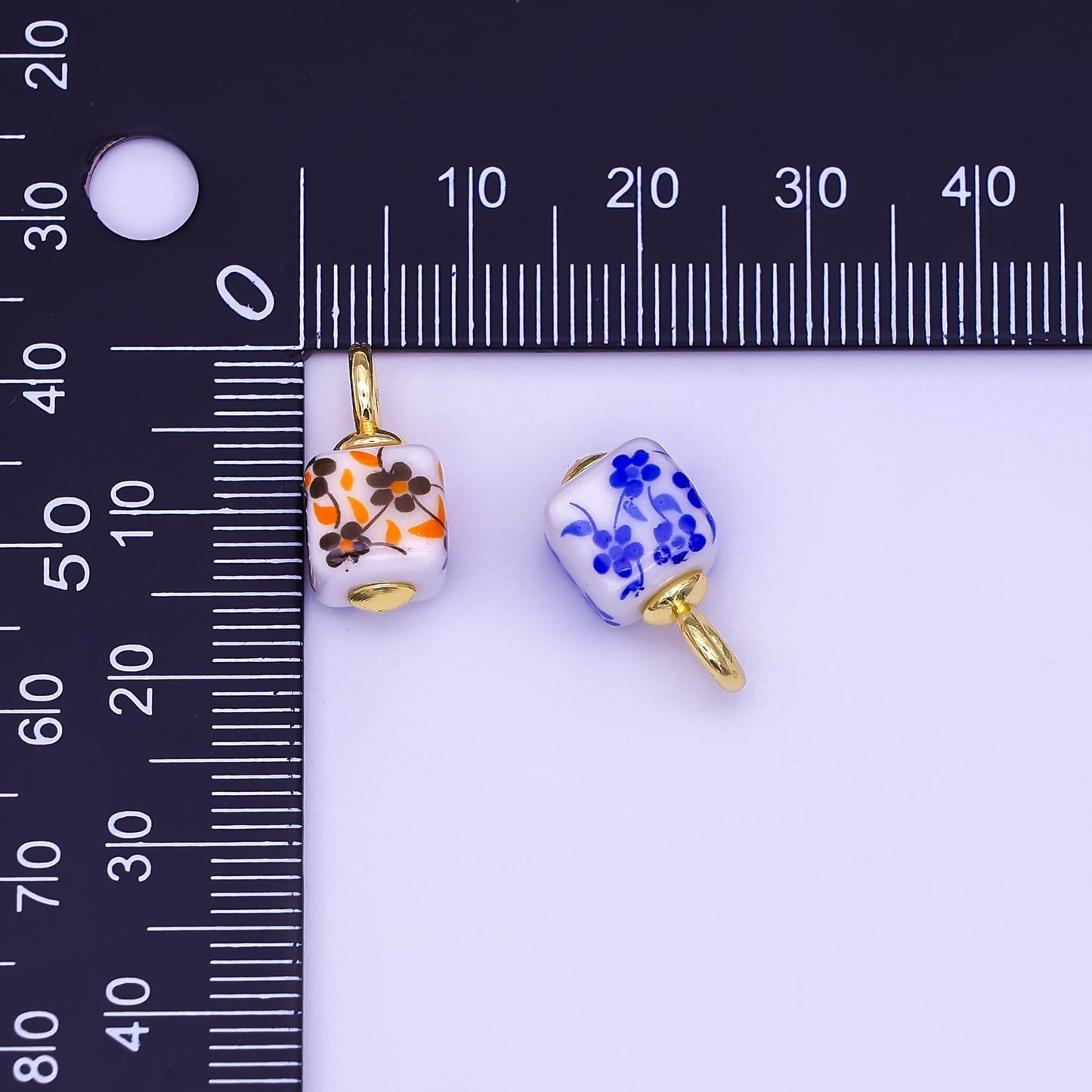 24K Gold Filled Blue, Pink, Brown, Red Daisy Flower Cube Ceramic Drop Pendant | E648 E704