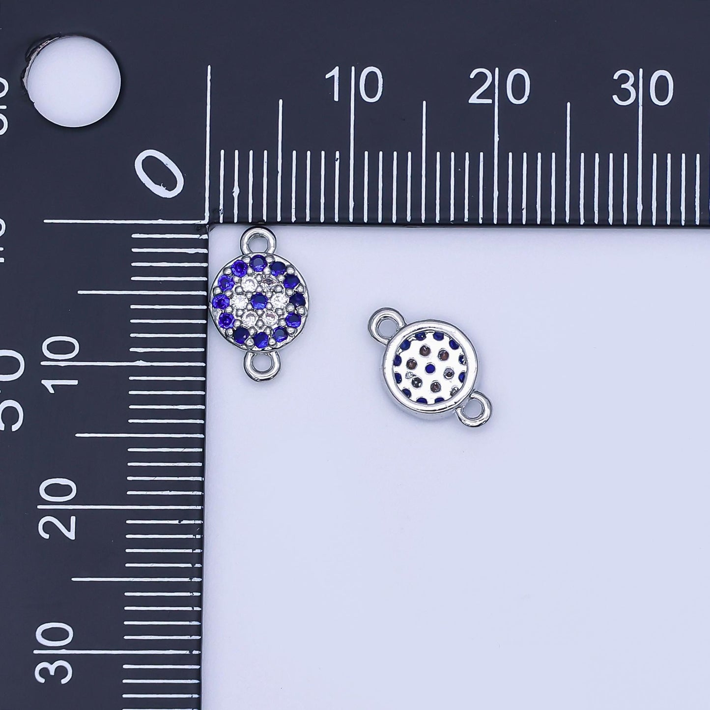 Rhodium Plated Blue Micro Paved CZ Evil Eye 7mm Round Mini Connector | Y029