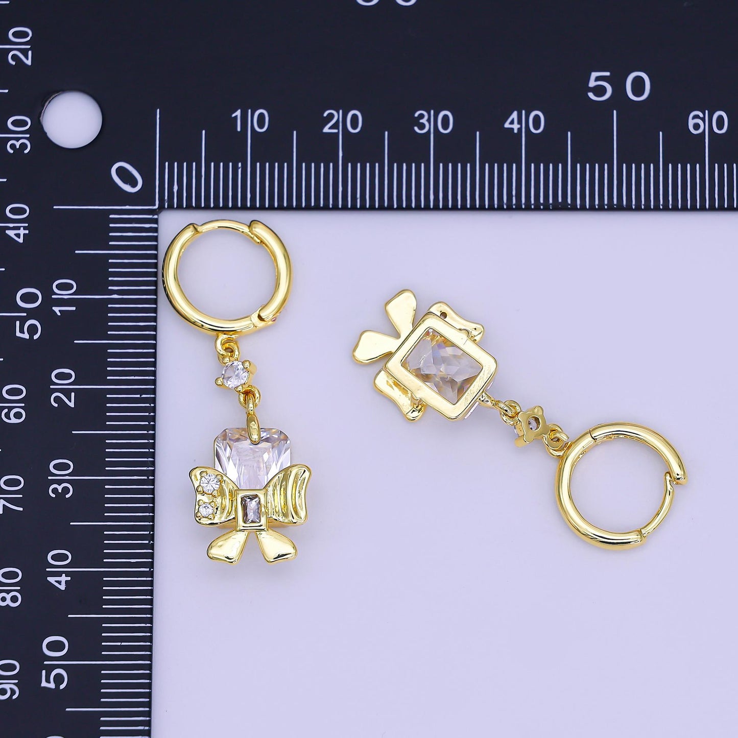 24K Gold Filled Baguette CZ Ribbon Bow Drop Huggie Earrings | AI444