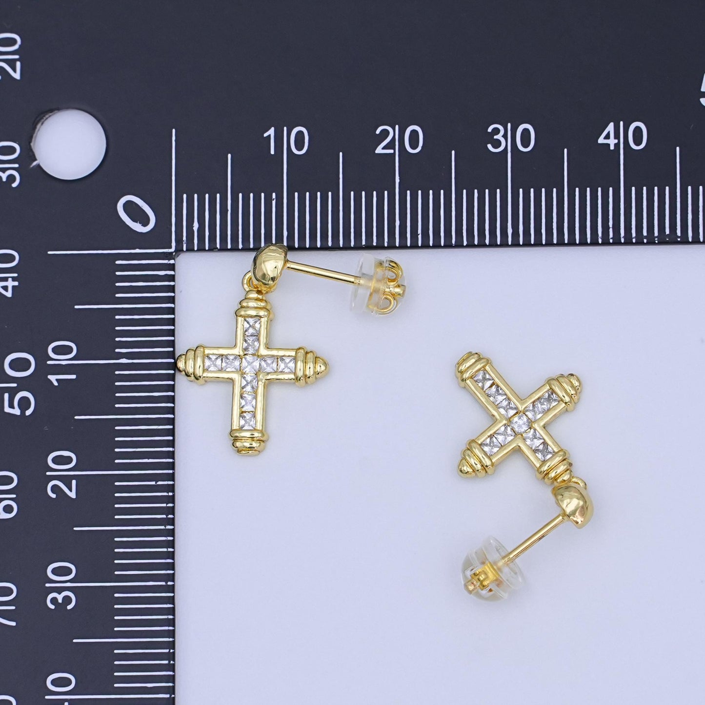 24K Gold Filled Baguette CZ Cross Round Drop Stud Earrings | AI437