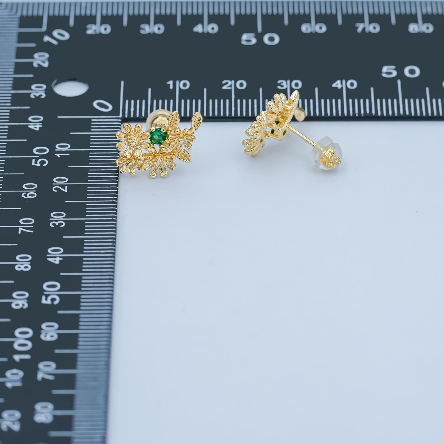 24K Gold Filled Green CZ Multiple Flower Leaf Stud Earrings | AI430