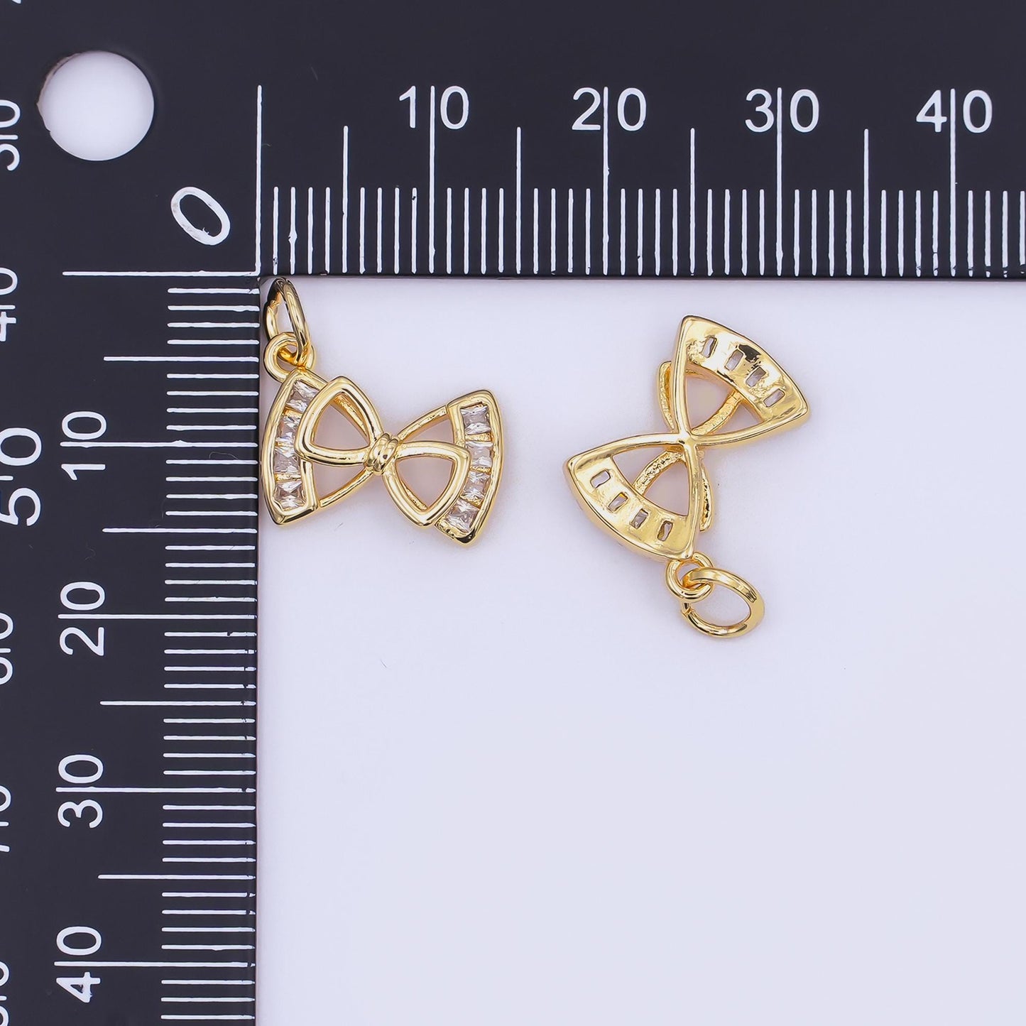 24K Gold Filled Baguette CZ Open Ribbon Bow Charm | AJ296