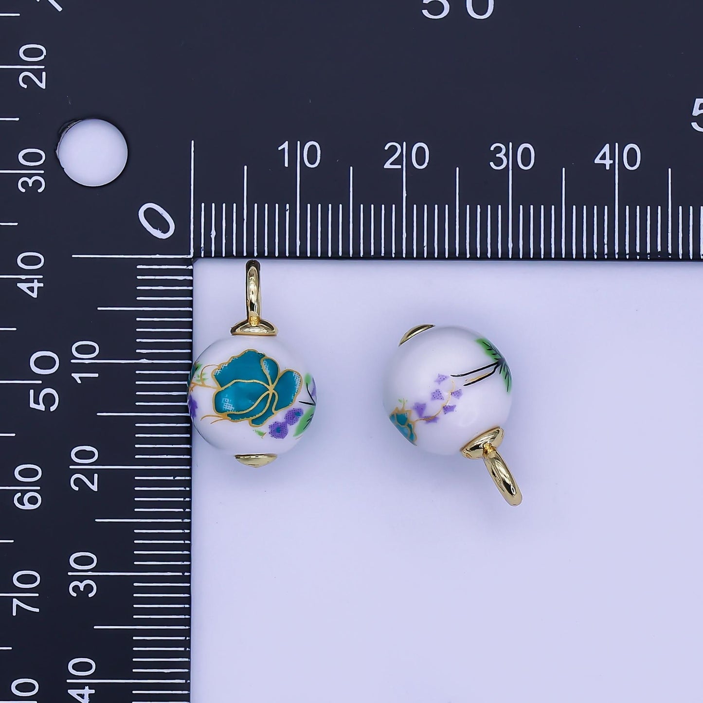 24K Gold Filled Blue Daisy Flower Round Ceramic Drop Pendant | C440