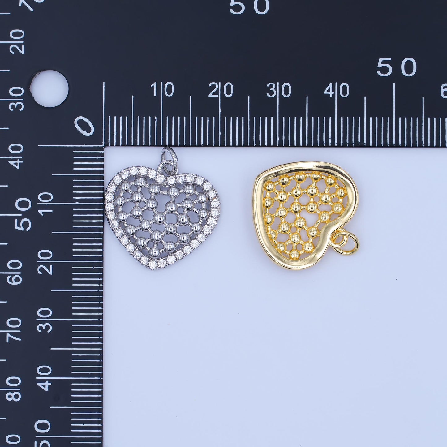 Mini gold Heart charm clear micro paved CZ Filigree heart Silver charm | AJ-289