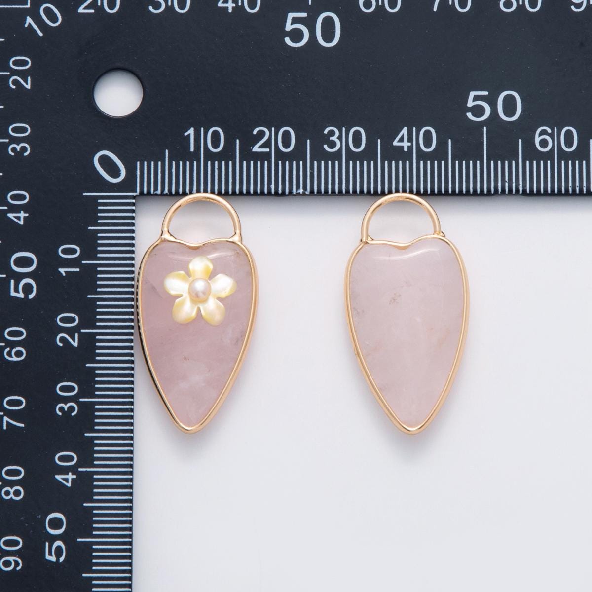 18K Gold Filled 35mm Pearl Flower Rose Quartz Heart Padlock Charm | D719