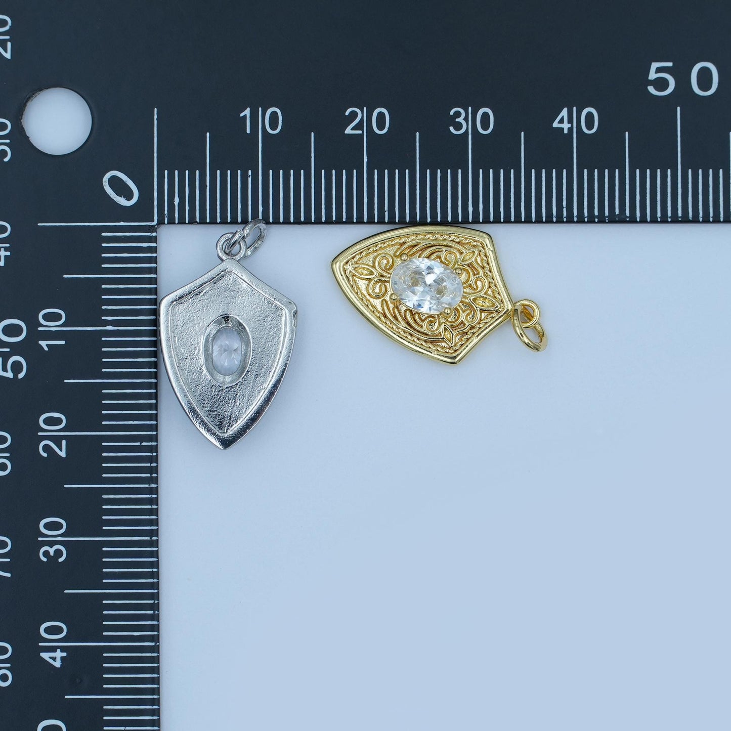 Shield Pendant Charm in Gold or Silver with Intricate Filigree and Crystal Center Medieval Inspired Necklace Charm Unique Statement Jewelry
