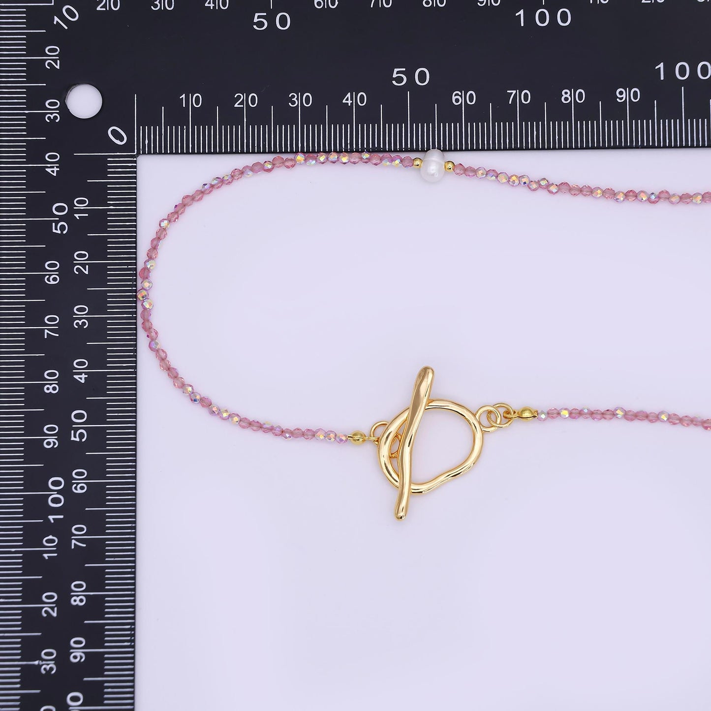 24K Gold Filled 3mm Shell Pearl Rose Pink Crystal Gemstone 40 Inches Necklace | WA-3079