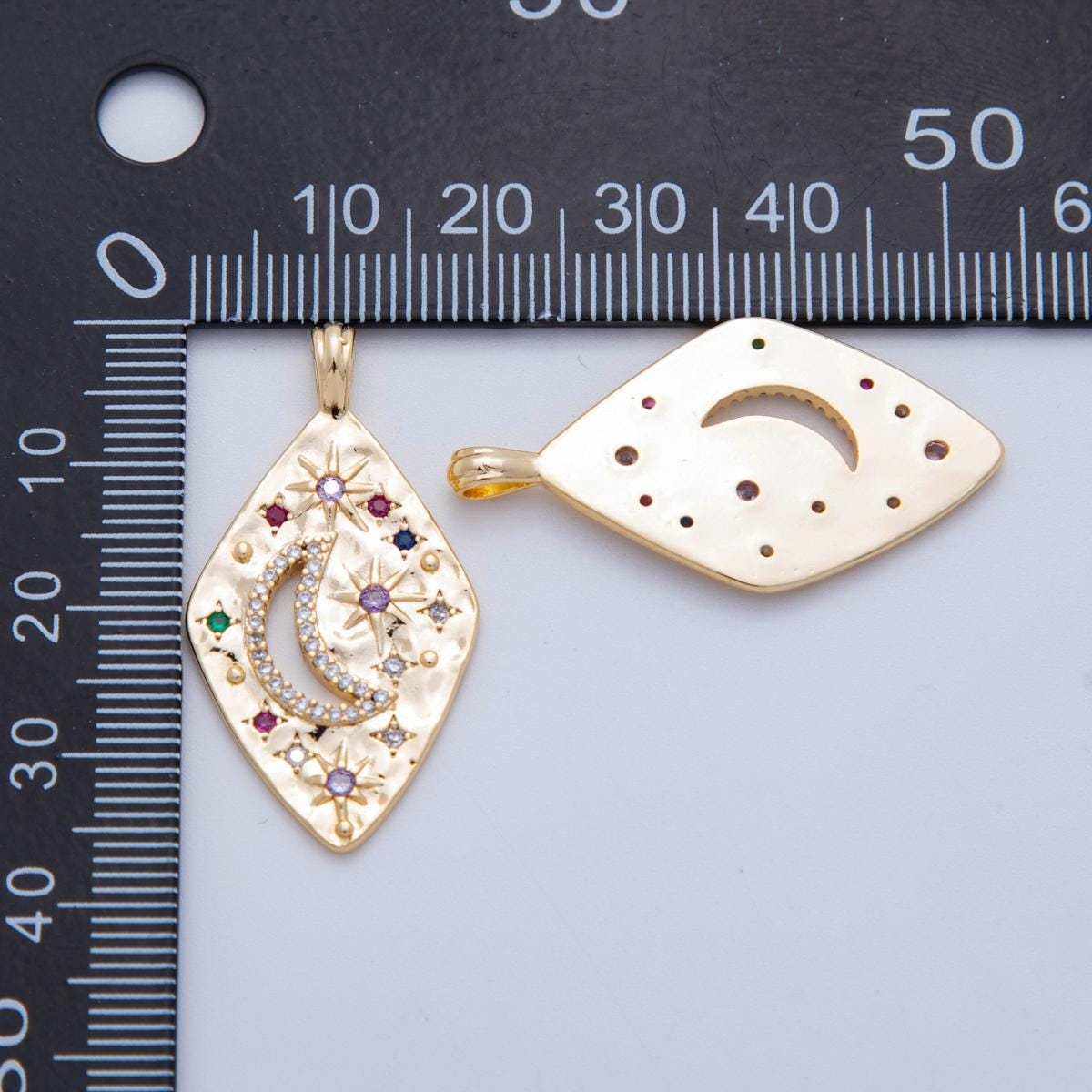 18K Gold Filled 36mm Rhombus Celestial Crescent Moon Star Textured Diamond Charm | AH-784