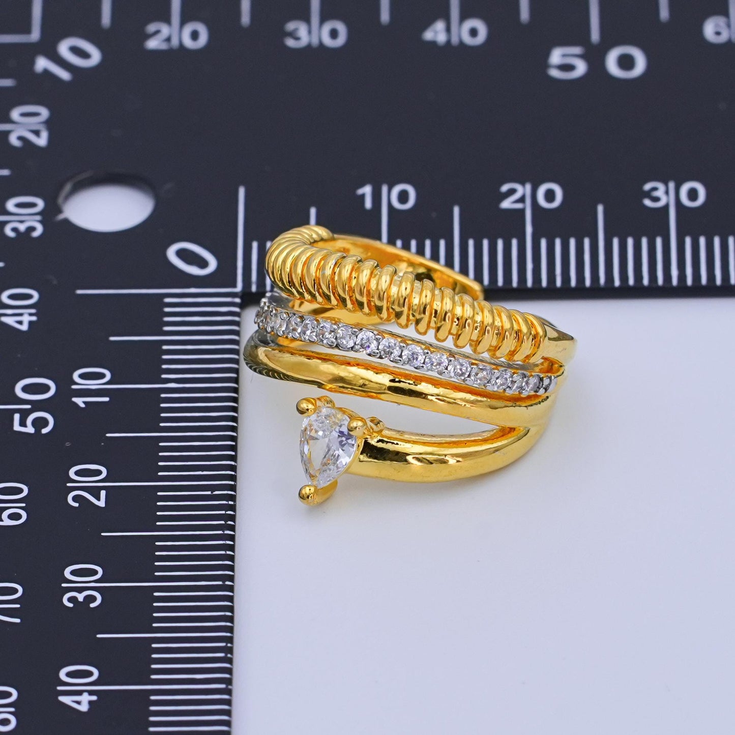 24K Gold Filled Teardrop CZ Micro Paved Ringed Multiple Band Ring | O1074