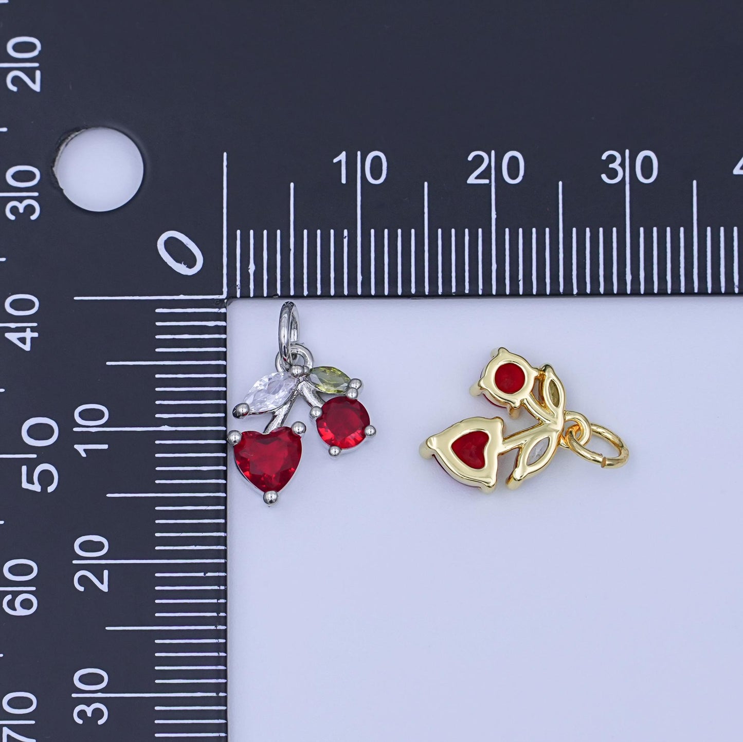 24K Gold Filled Red CZ Cherry Fruit Charm in Gold & Silver | W842