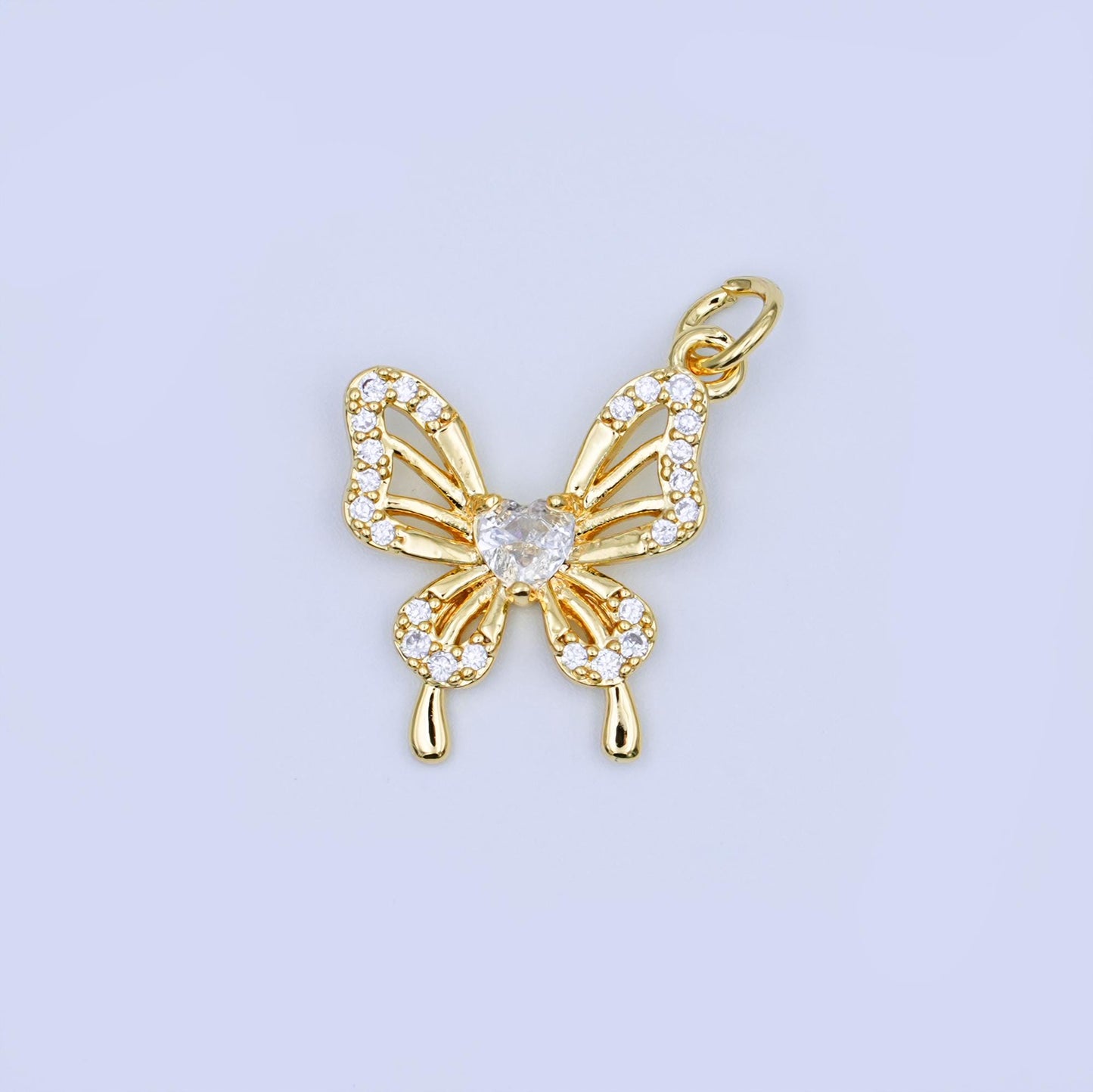24K Gold Filled Heart CZ Micro Paved Butterfly Charm | X102