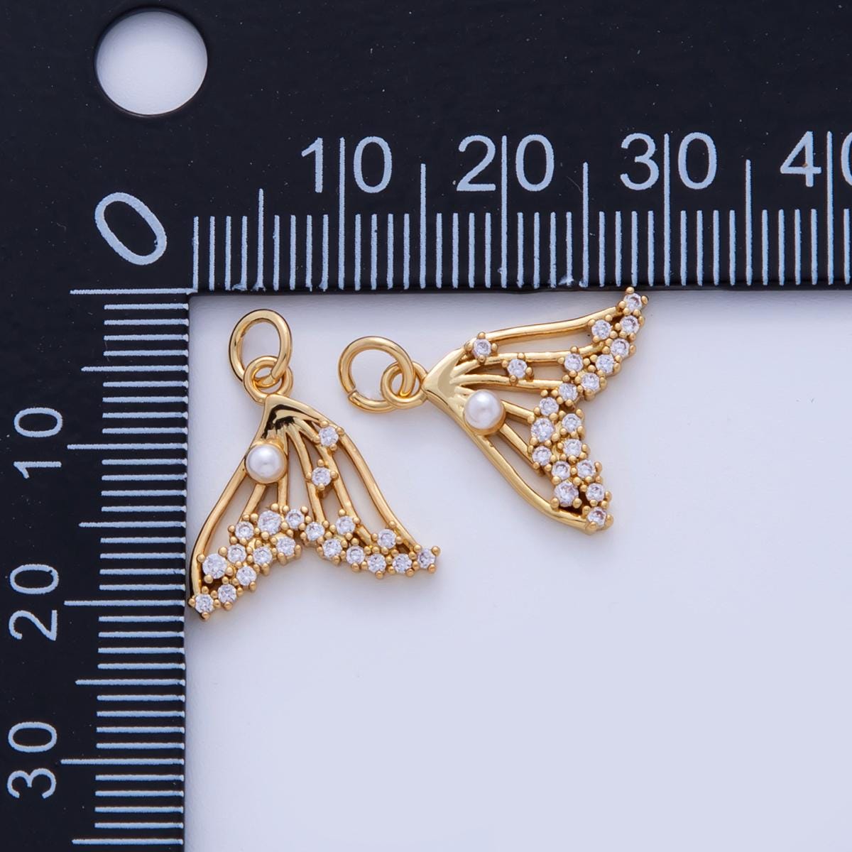 18K Gold Filled Micro Paved CZ Shell Pearl Whale Tail Charm | AF328