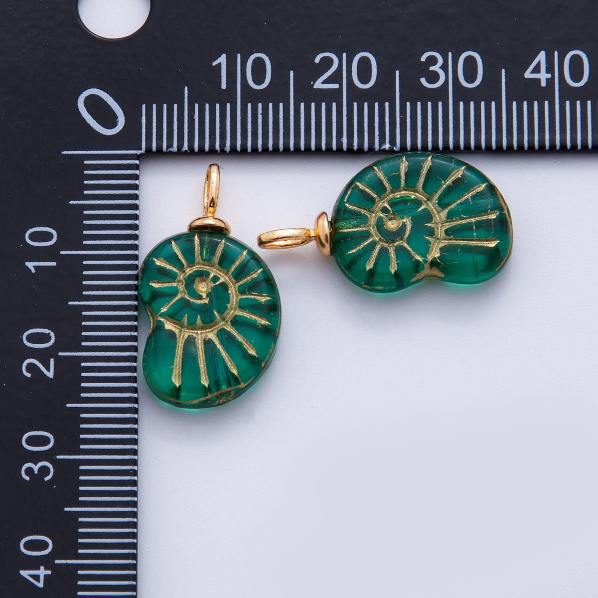 Dainty Green Yellow Glass Ammonite Charms Spiral Shell Pendant Charm Gold Edge Boho Earring Supplies, Beach Nautical Jewelry Making AF-289