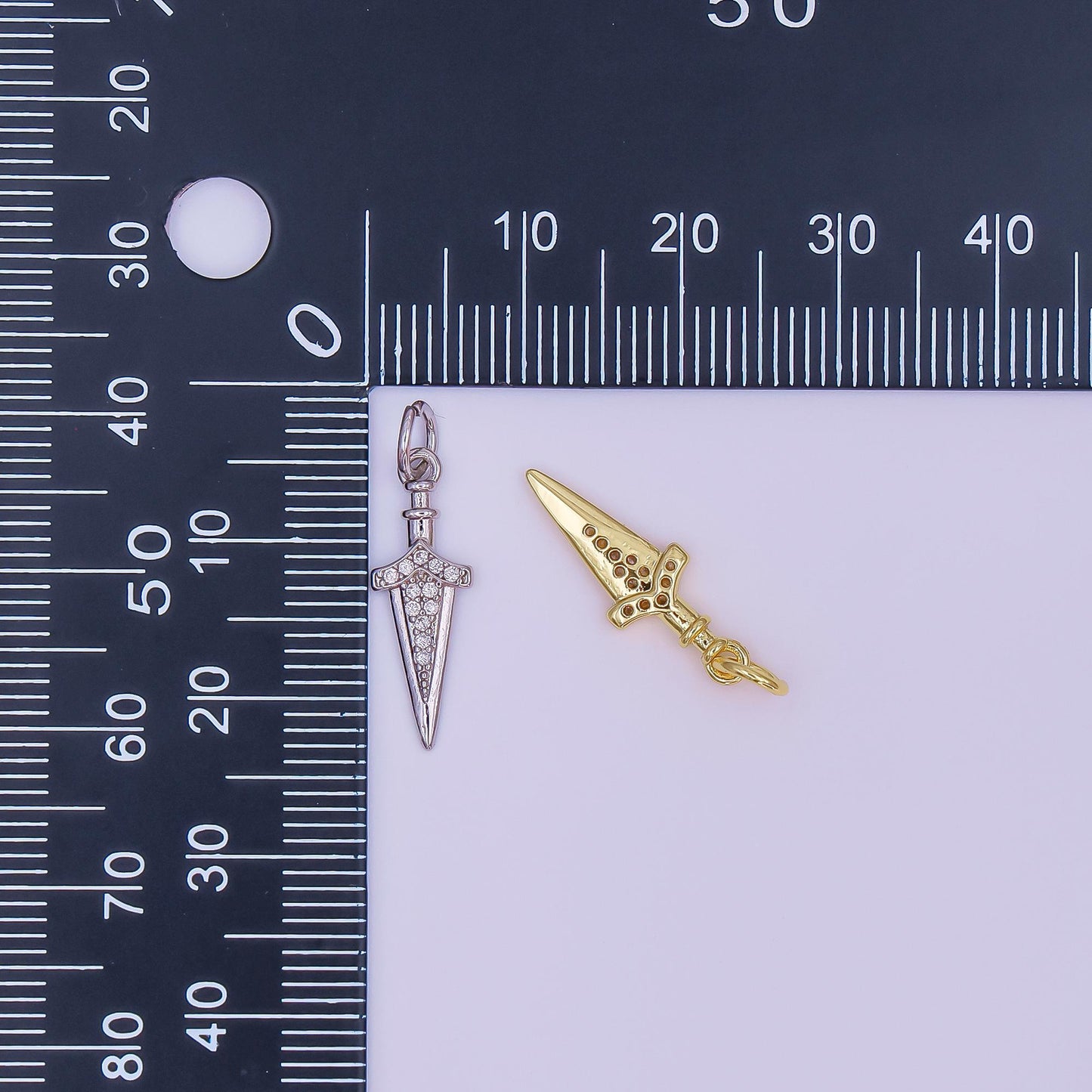 24K Gold Filled Micro Paved CZ Knife Blade Charm in Gold & Silver | AF429