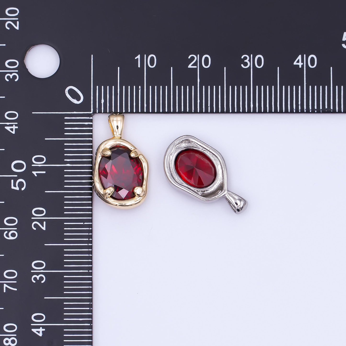 24K Gold Filled Dark Red CZ Molten Bezel Pendant in Gold & Silver | AH456