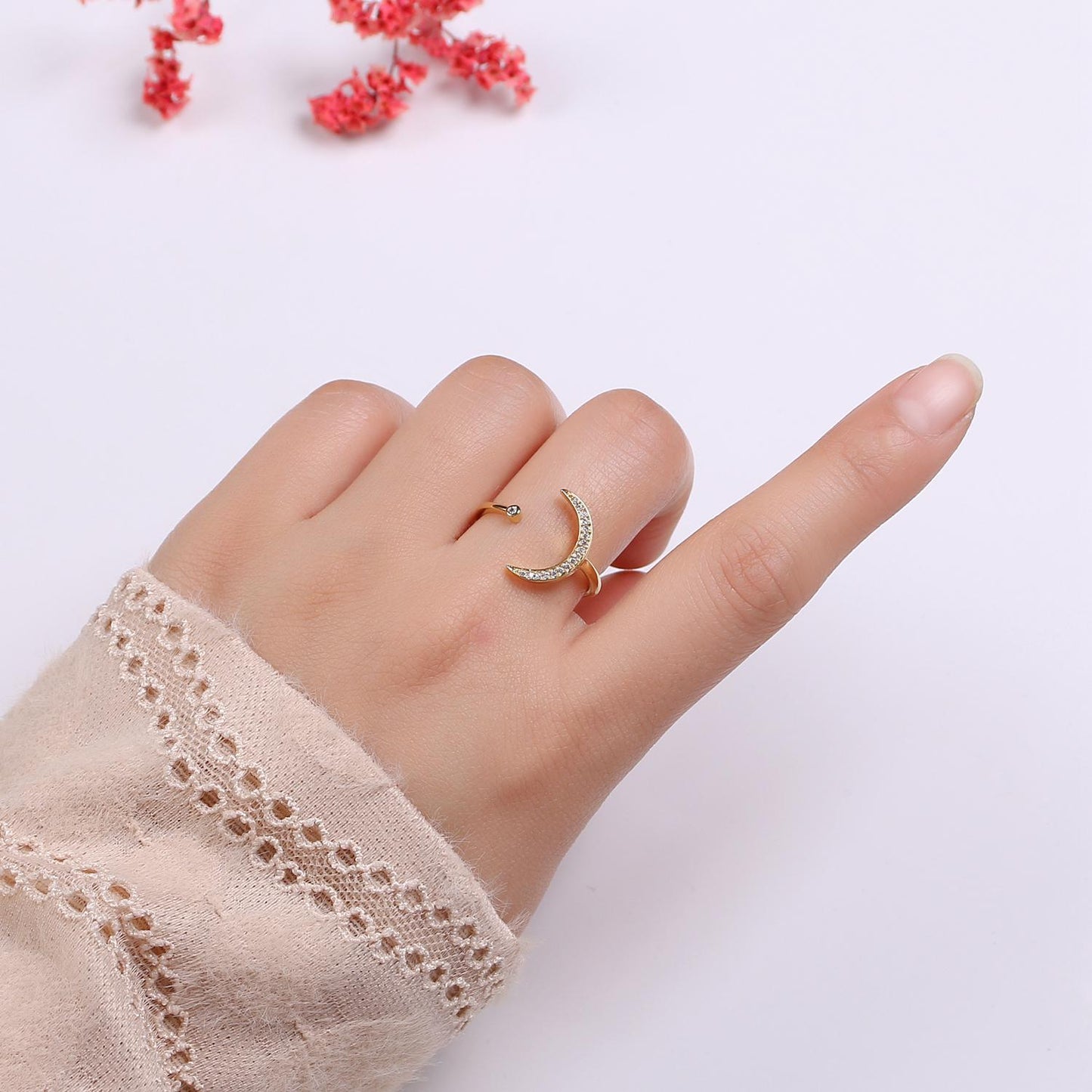 1pc Crescent Moon Star CZ Gold Ring, Moon Cubic Pave Adjustable Gold Curb Ring, Simple Ring, Clear Cubic Zirconia R-315