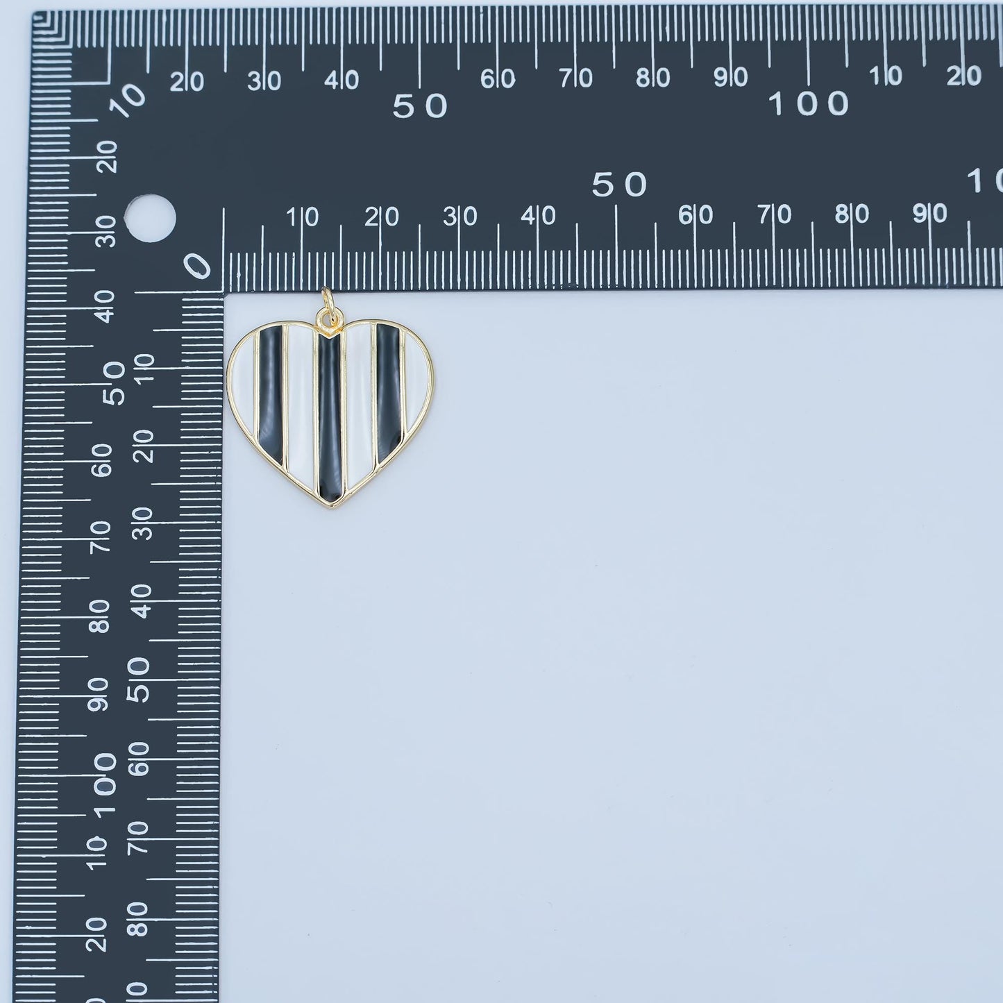24K Gold Filled 26.5mm Black-and-White Striped Enamel Heart Charm | C050