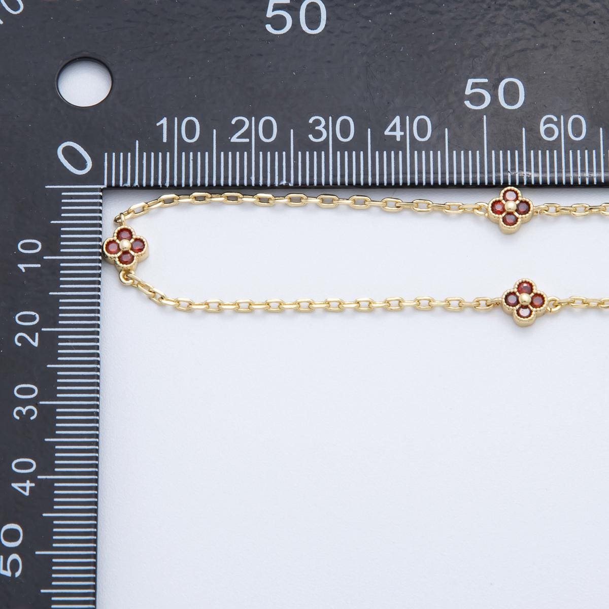 24K Gold fill Dainty red CZ Four-Leaf Lucky Clover Chain by Yard Wholesale Gold Chain Clover Bezel Cut Chain for Jewelry Making | ROLL1619