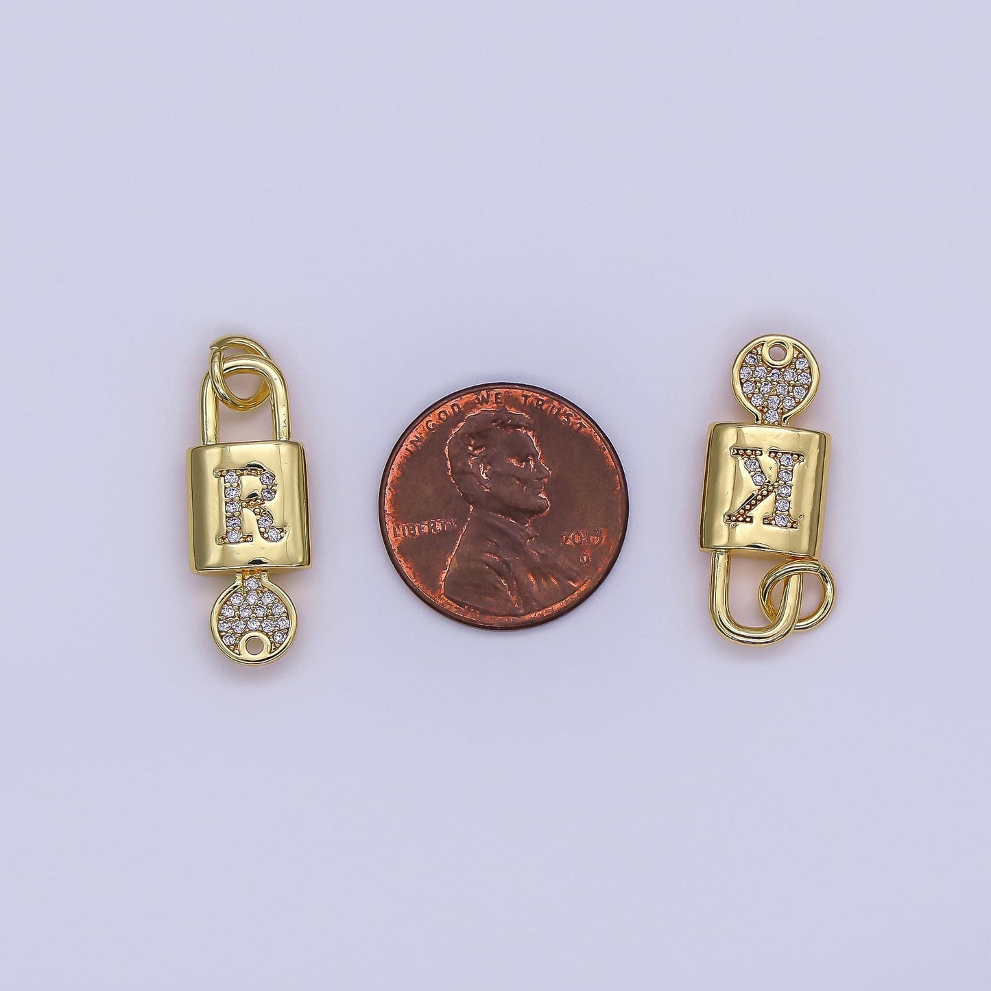 Mini 24K Gold Filled Micro Pave Initial Letter Padlock with Key Pendant Alphabet Charm for Personalized Jewelry Making Supply | AF014
