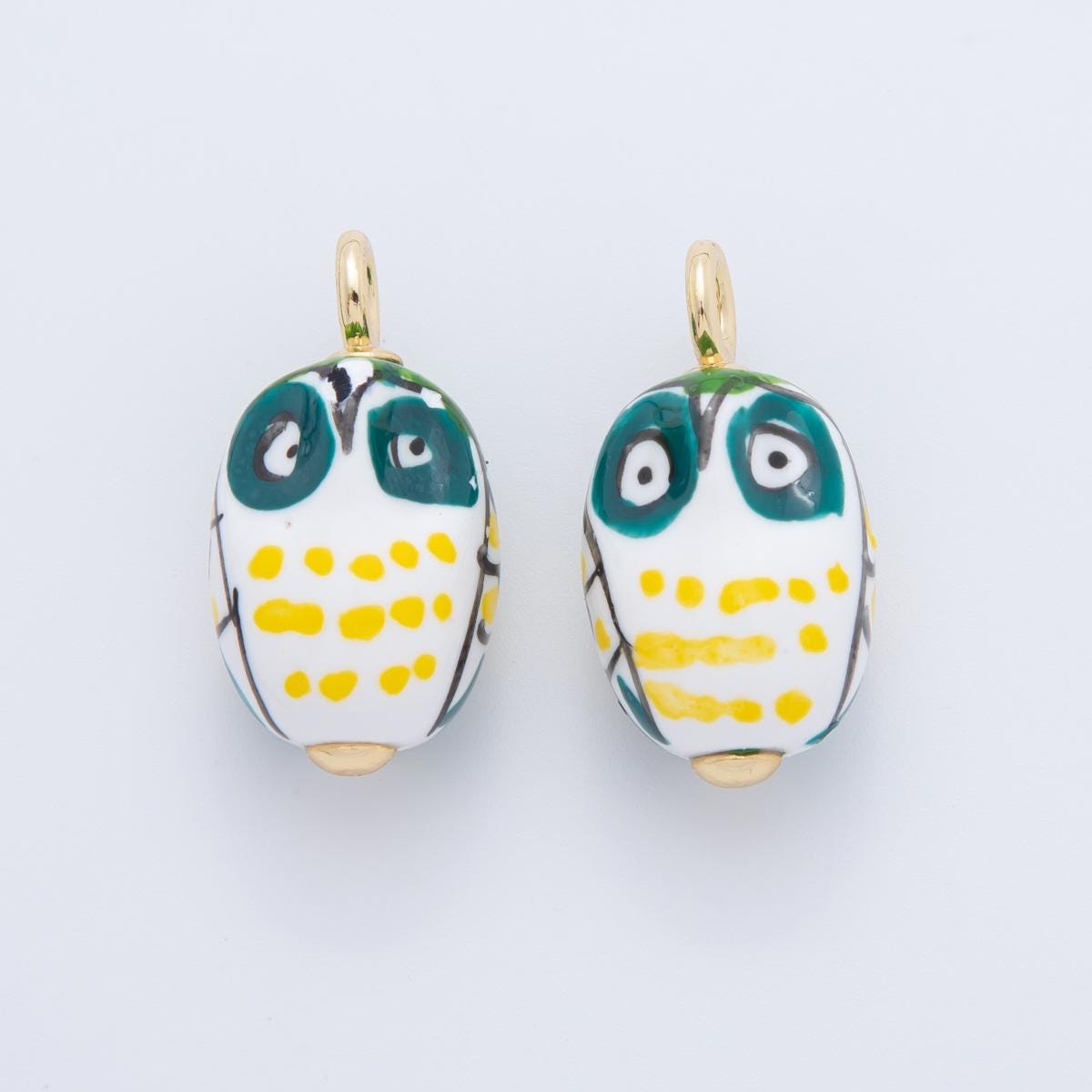 Hand painted White Ceramic Owl Pendant, 24K Gold Filled Night Owl Bird Animal Charm For Necklace Bracelet Component AF-696