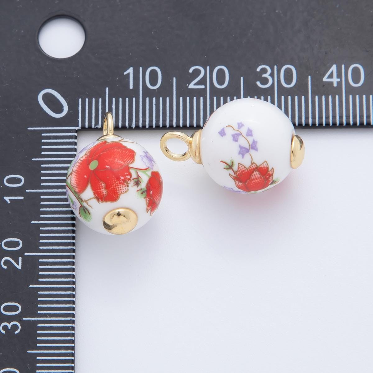 24K Gold Filled Pink Cherry Blossom Charm Sakura Round Ceramic Drop Pendant | AF-700