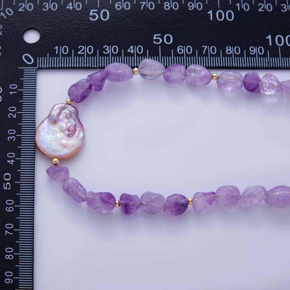Chunky Purple Amethyst beaded necklace - 17.5" Gemstone necklace healing crystals handmade jewelry with Pearl Charm WA-1116