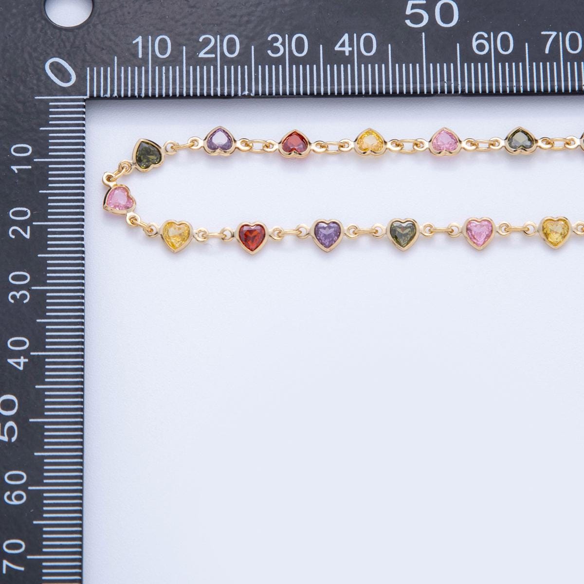 Multi Color Heart Chain, Gold Filled Micro Pave Heart Charm Chain by Yard Colorful cz Heart Chain for Jewelry Making Supply ROLL-1601